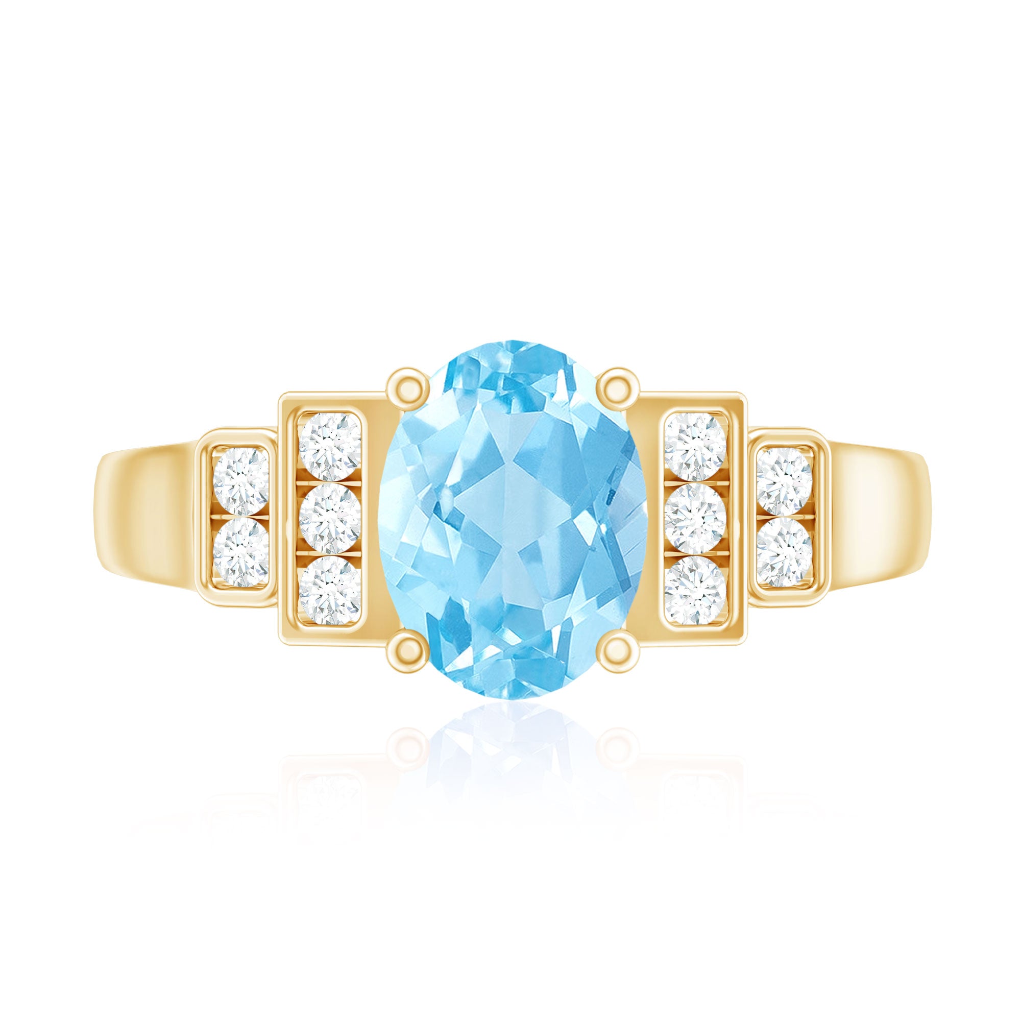 Rosec Jewels-Real 6X8mm Aquamarine Statement Engagement Ring with Diamond