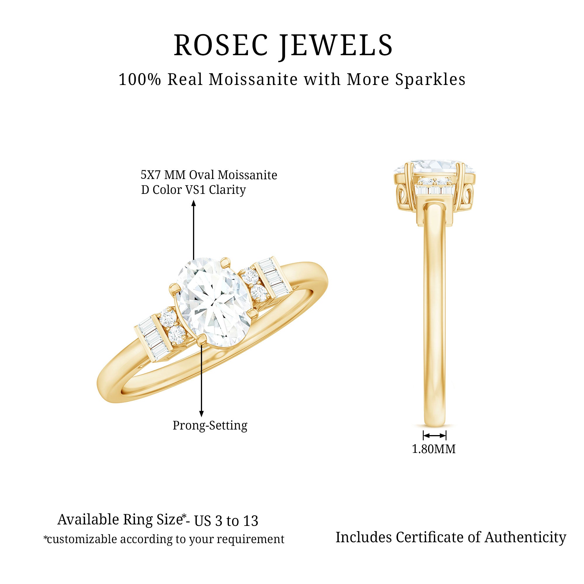 Rosec Jewels-Oval Shaped Moissanite Engagement Ring with Certificate