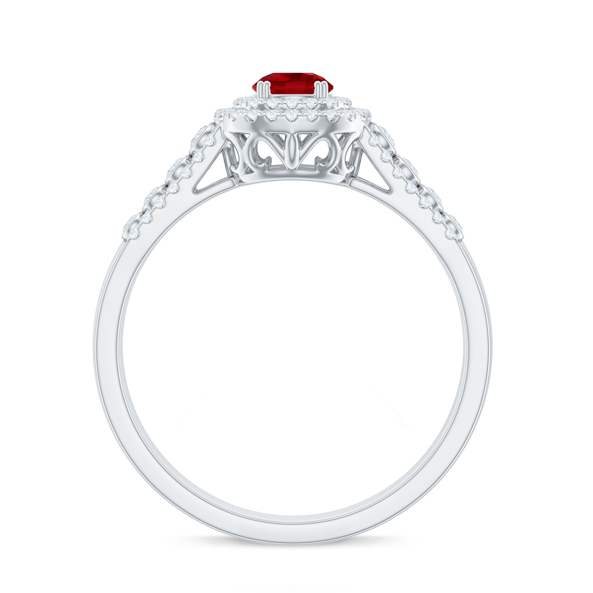 Antique Style Lab Ruby and Moissanite Double Halo Engagement Ring AAAA - Rosec Jewels