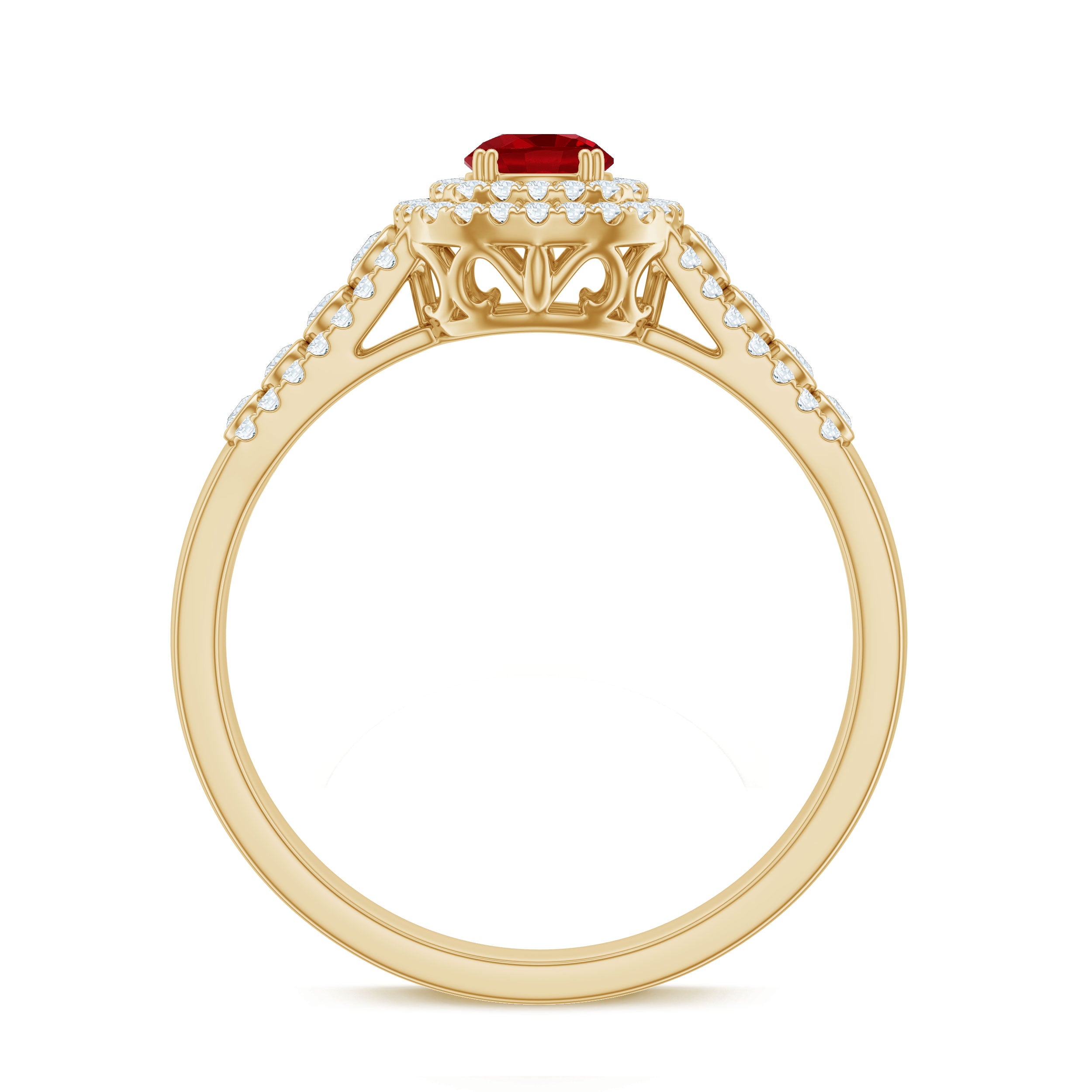Antique Style Lab Ruby and Moissanite Double Halo Engagement Ring AAAA - Rosec Jewels