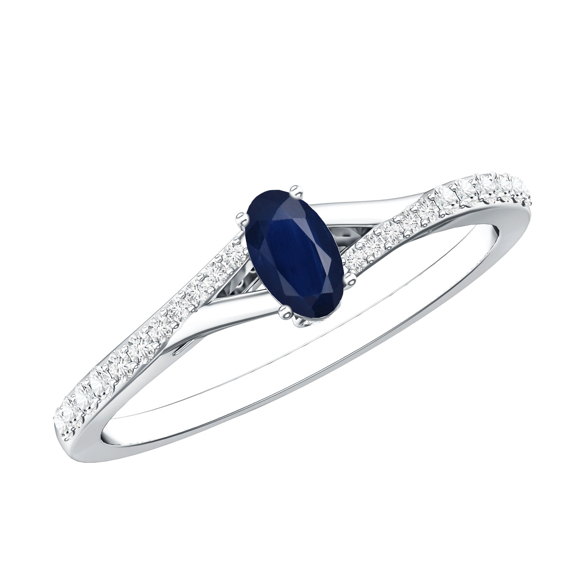 Rosec Jewels-Natural 0.6 Carat Blue Sapphire Minimal Engagement Ring with Diamond Split Shank