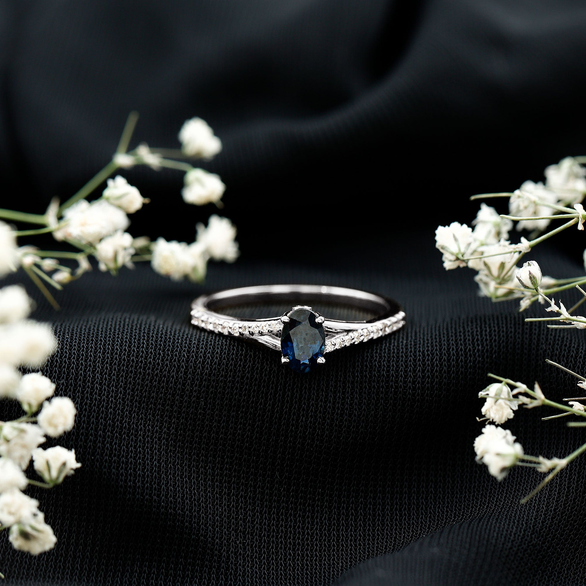 Rosec Jewels-Natural 0.6 Carat Blue Sapphire Minimal Engagement Ring with Diamond Split Shank
