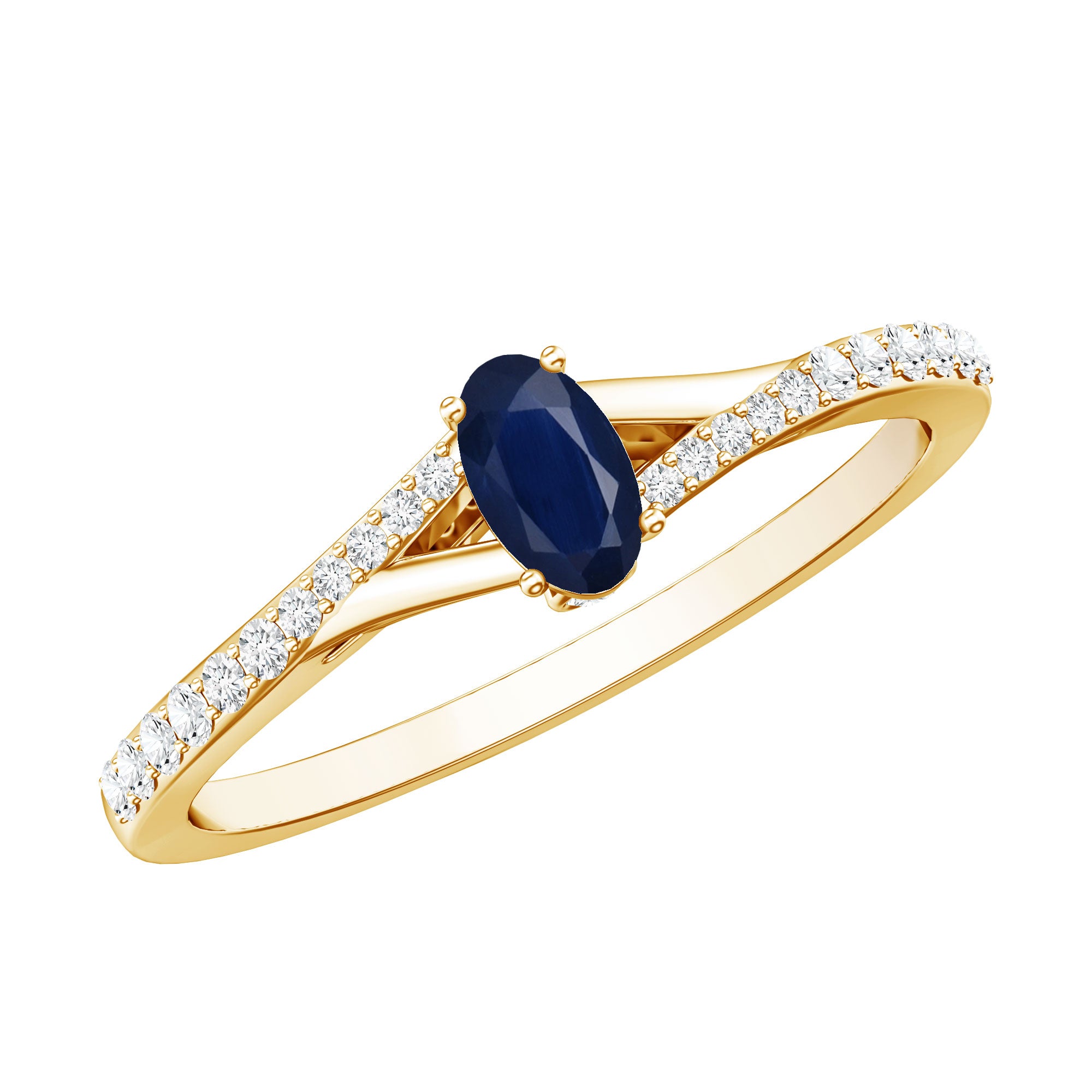 Rosec Jewels-Natural 0.6 Carat Blue Sapphire Minimal Engagement Ring with Diamond Split Shank