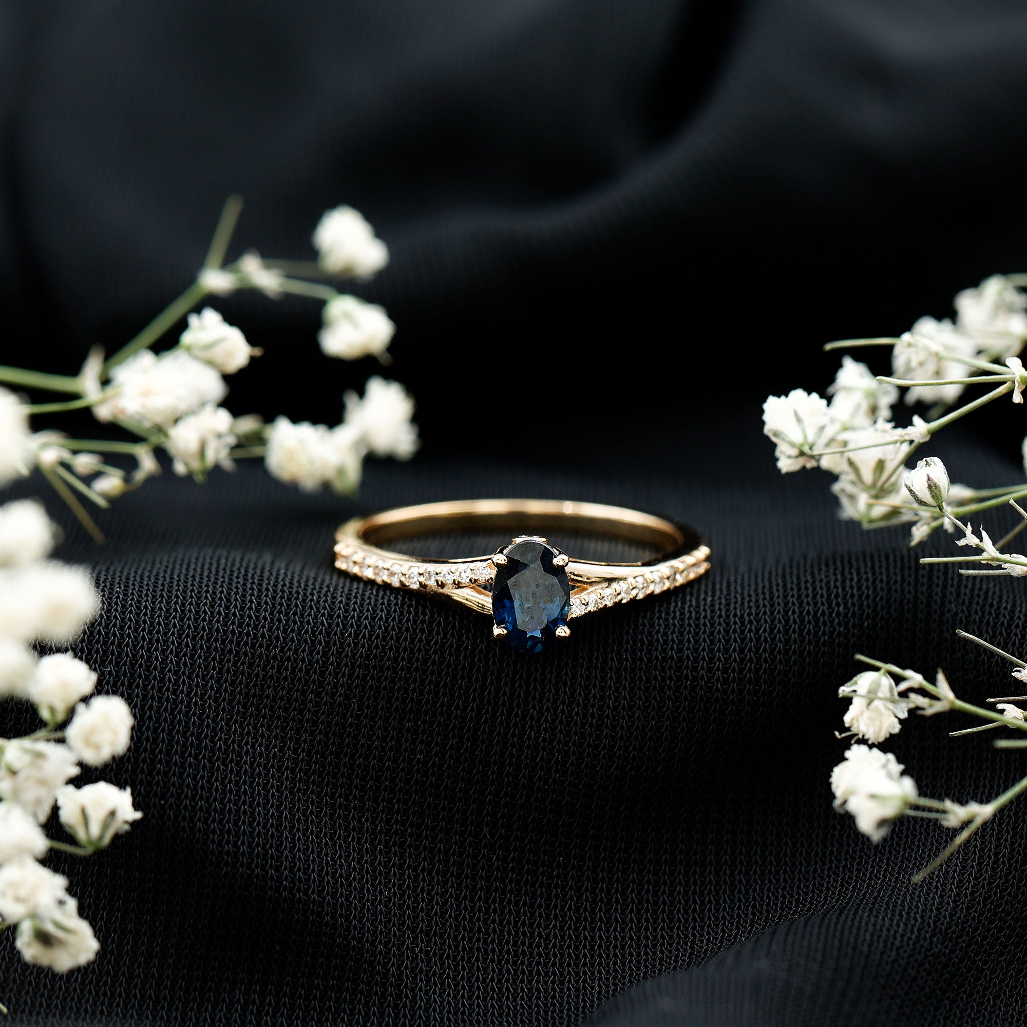 Rosec Jewels-Natural 0.6 Carat Blue Sapphire Minimal Engagement Ring with Diamond Split Shank