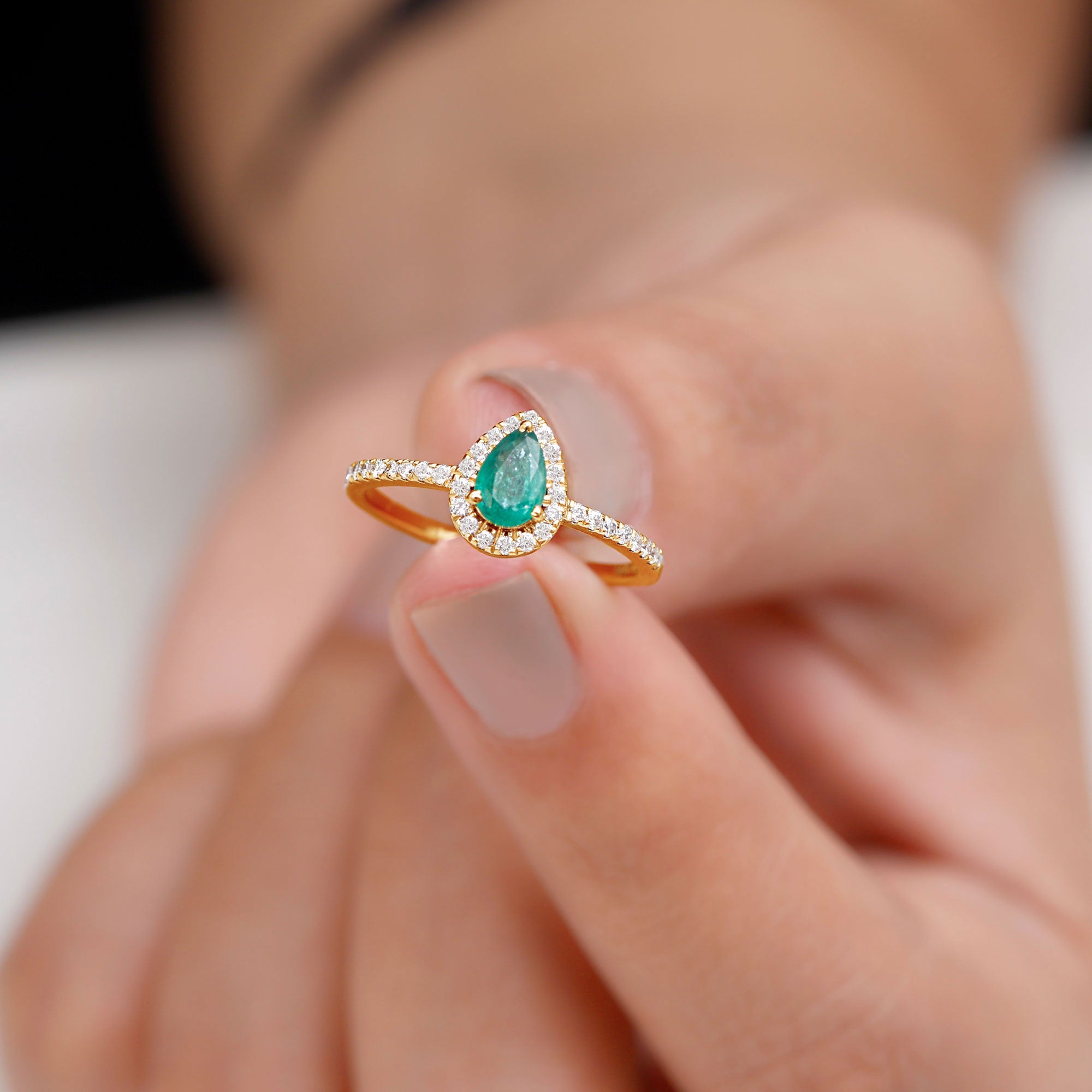 Natural Emerald Teardrop Halo Ring with Diamond Emerald - ( AAA ) - Quality - Rosec Jewels