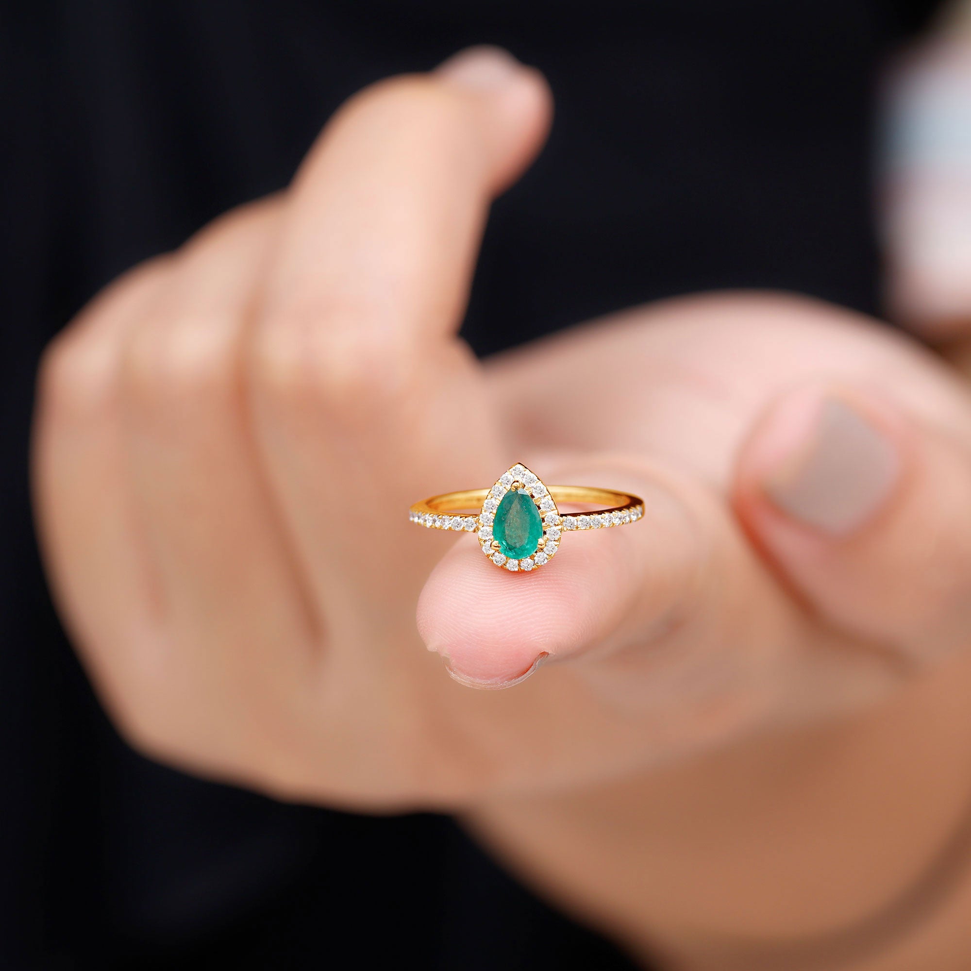 Natural Emerald Teardrop Halo Ring with Diamond Emerald - ( AAA ) - Quality - Rosec Jewels
