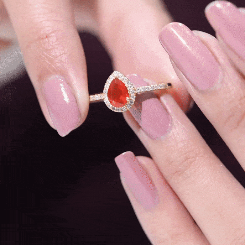 Genuine Fire Opal Teardrop Ring with Diamond Halo Fire Opal - ( AAA ) - Quality - Rosec Jewels