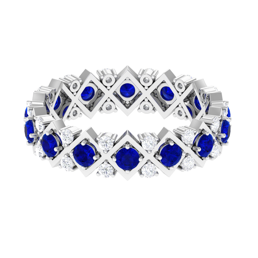 Created Blue Sapphire and Diamond Full Eternity Band Ring Lab Created Blue Sapphire - ( AAAA ) - Quality - Rosec Jewels