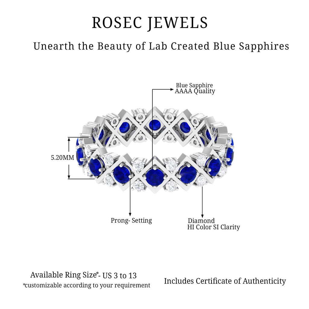 Created Blue Sapphire and Diamond Full Eternity Band Ring Lab Created Blue Sapphire - ( AAAA ) - Quality - Rosec Jewels