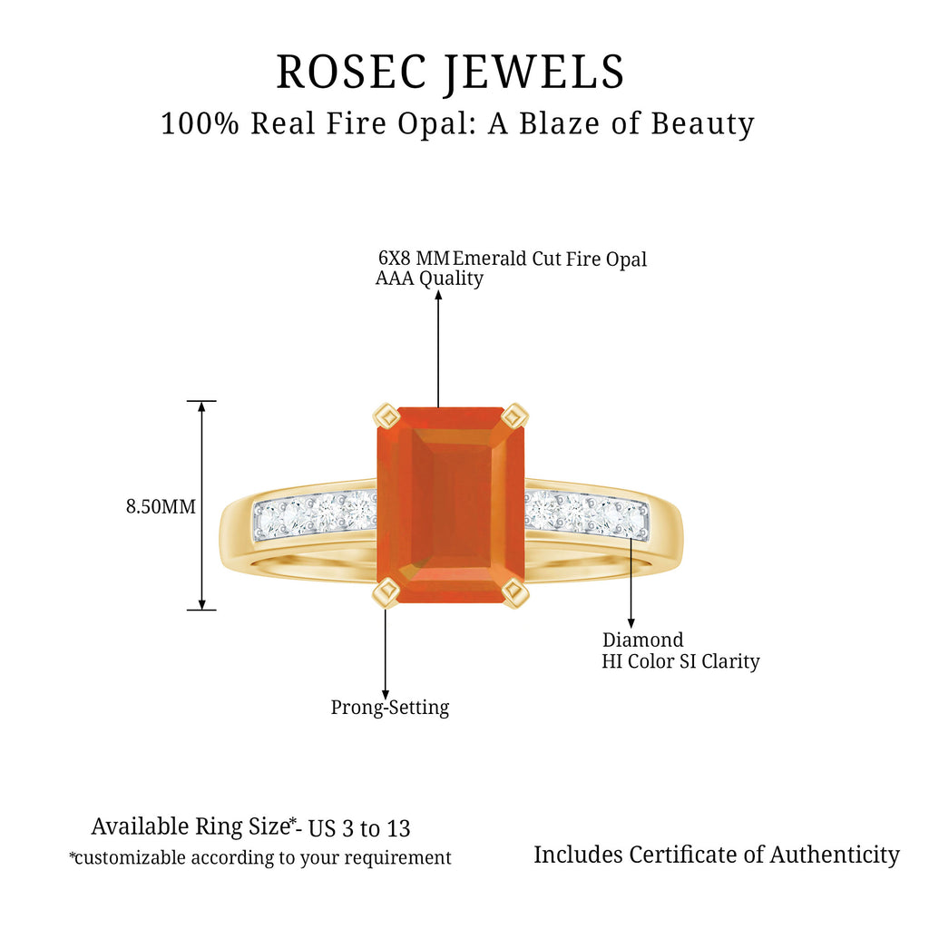 Octagon Cut Real Fire Opal Solitaire Ring with Diamond Fire Opal - ( AAA ) - Quality - Rosec Jewels