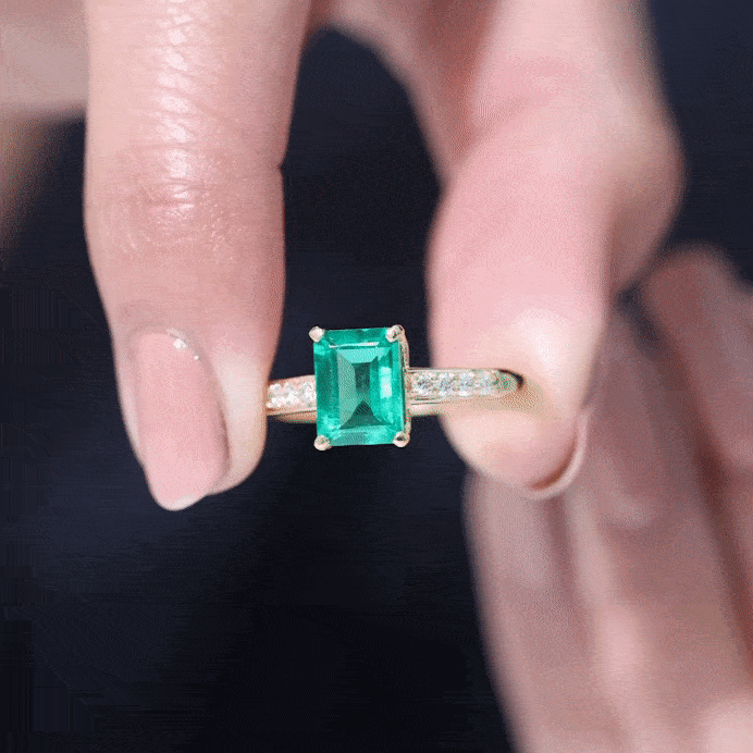 Octagon Lab Grown Emerald Solitaire Engagement Ring with Diamond Lab Created Emerald - ( AAAA ) - Quality - Rosec Jewels