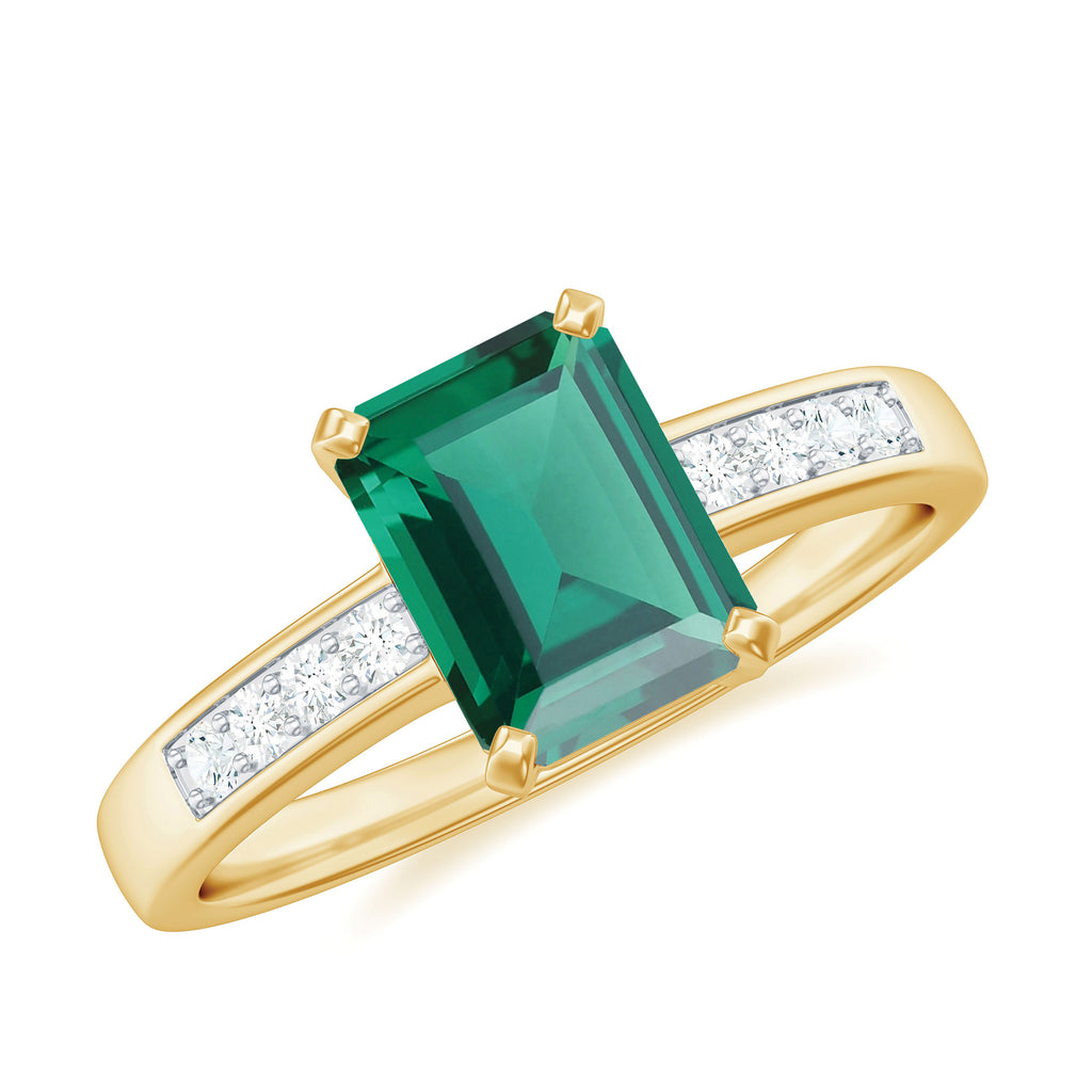Octagon Lab Grown Emerald Solitaire Engagement Ring with Diamond Lab Created Emerald - ( AAAA ) - Quality - Rosec Jewels