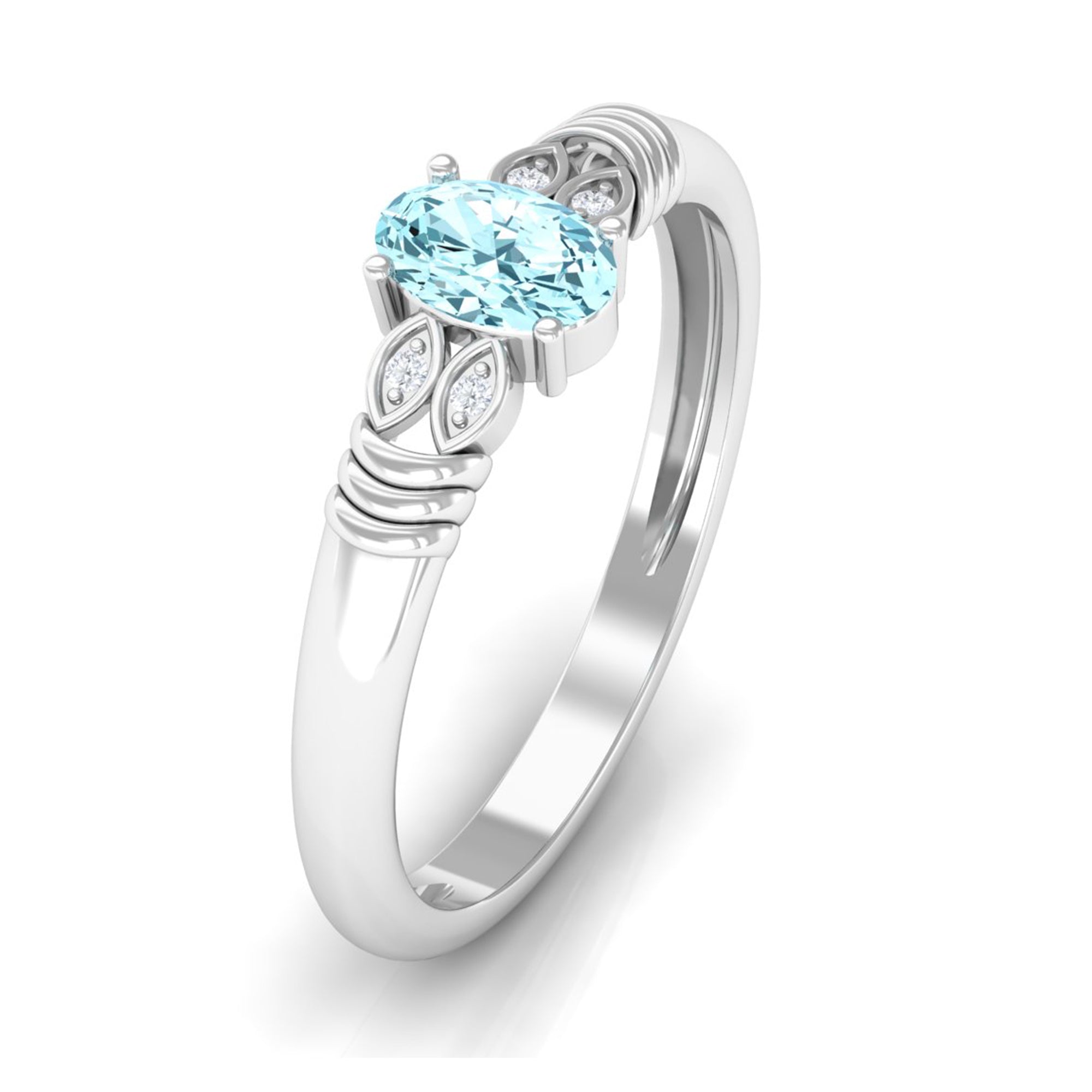 Rosec Jewels-Natural 6X8mm Aquamarine Oval Engagement Ring with Diamond