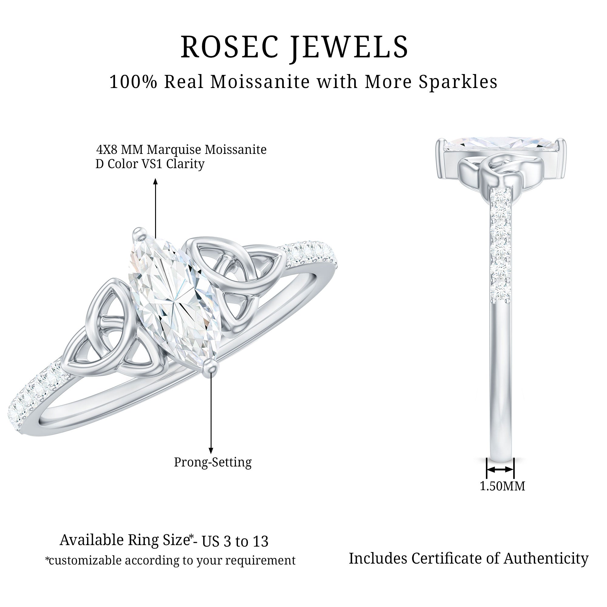 Rosec Jewels-Marquise Cut Moissanite Celtic Knot Engagement Ring