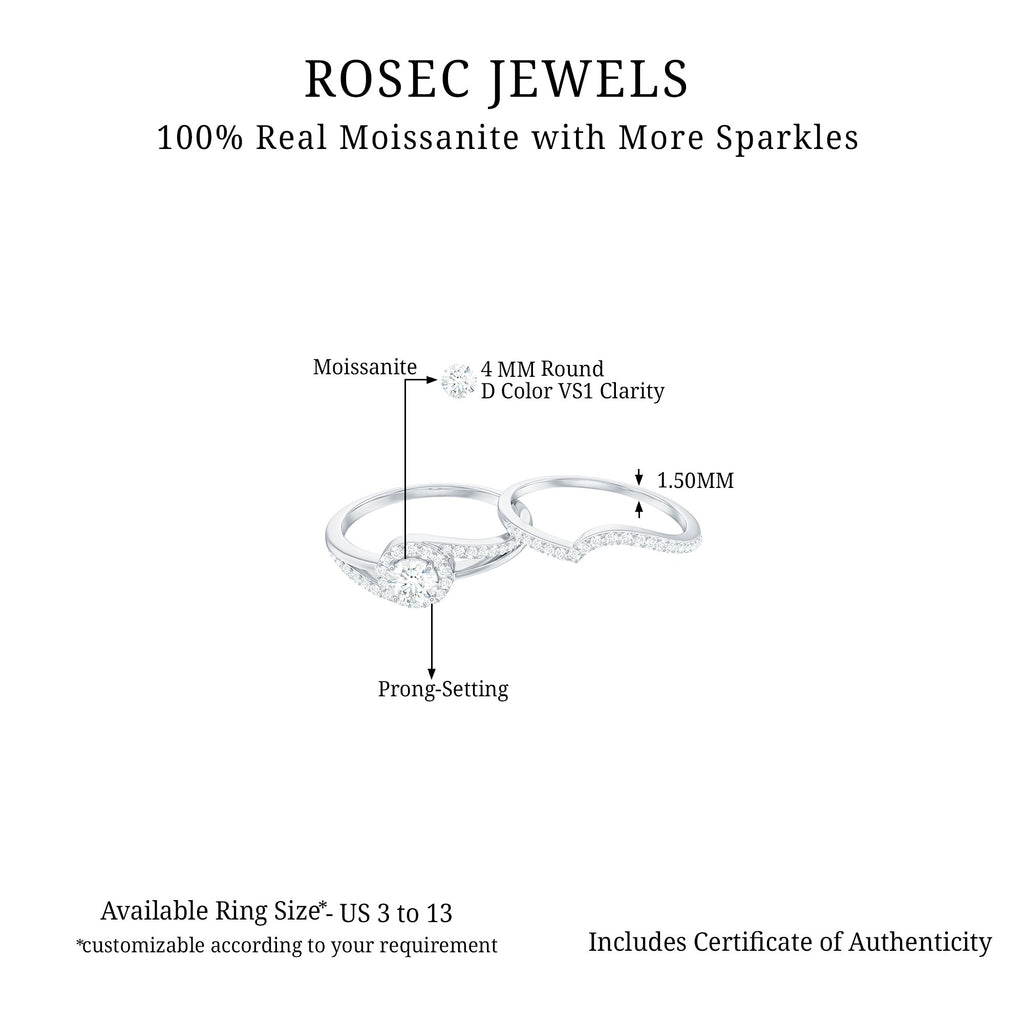 Round Certified Moissanite Bypass Wedding Ring Set in Gold Moissanite - ( D-VS1 ) - Color and Clarity - Rosec Jewels