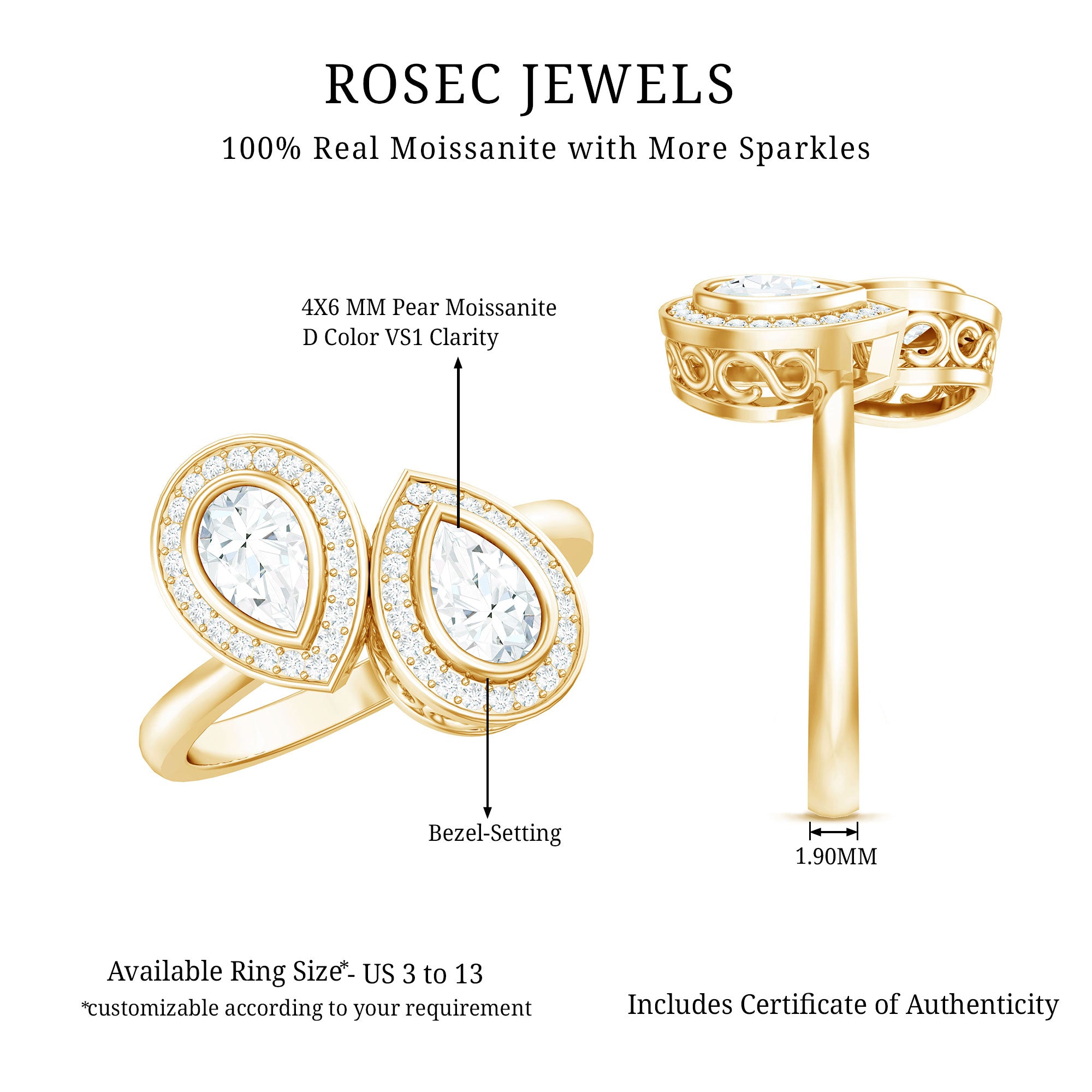 Pear Cut Moissanite Two Stone Engagement Ring with Halo D-VS1 - Rosec Jewels