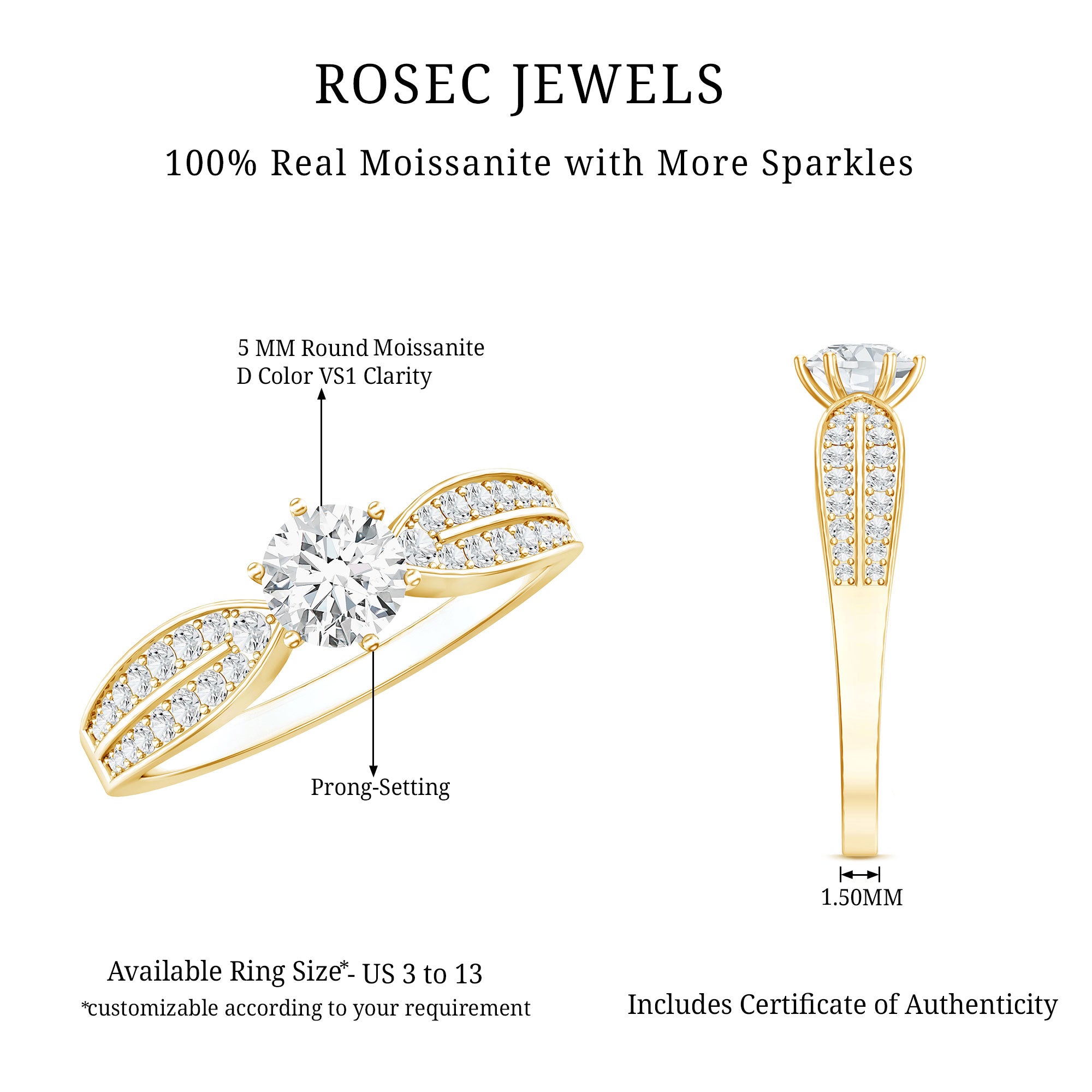 Elegant Round Moissanite Engagement Ring with Side Stones D-VS1 - Rosec Jewels