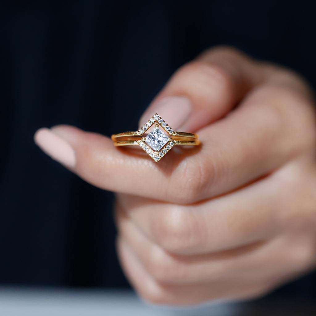 Princess Cut Moissanite Minimal Wedding Ring Set Moissanite - ( D-VS1 ) - Color and Clarity - Rosec Jewels