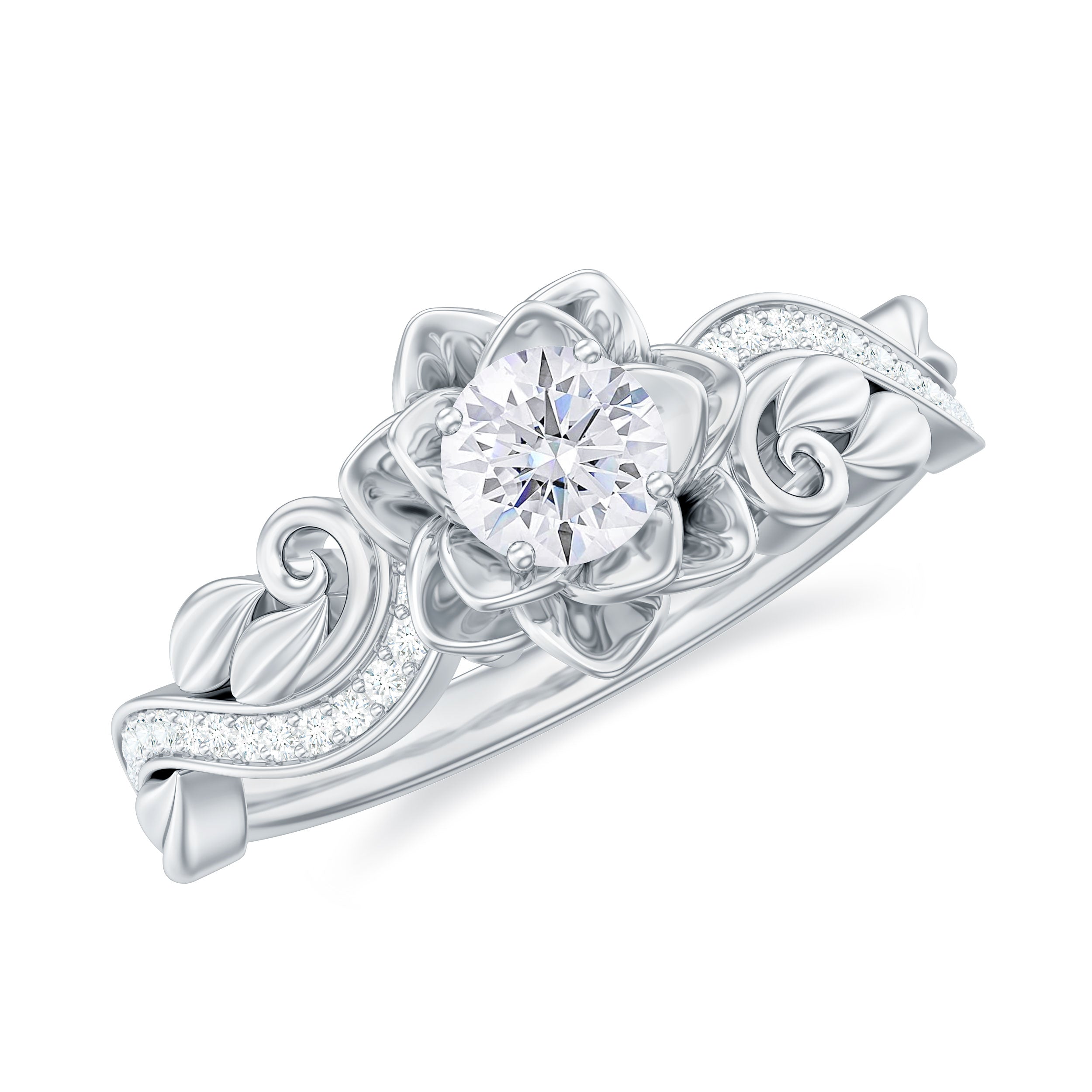 3/4 CT Flower Inspired Moissanite Engagement Ring in Silver Moissanite - ( D-VS1 ) - Color and Clarity 92.5 Sterling Silver 6.5 - Rosec Jewels