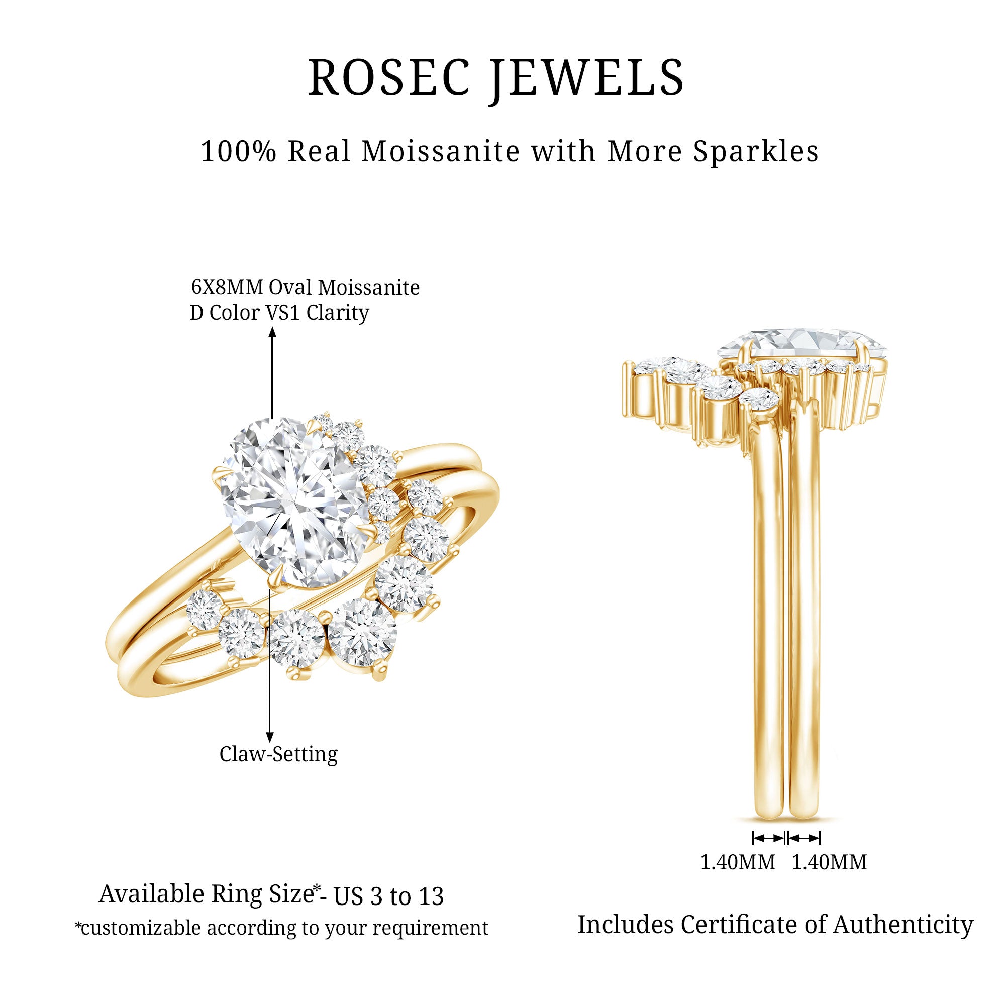 Rosec Jewels-Designer 1.2 Carat Oval Cut Moissanite Wedding Ring Set With Certificate