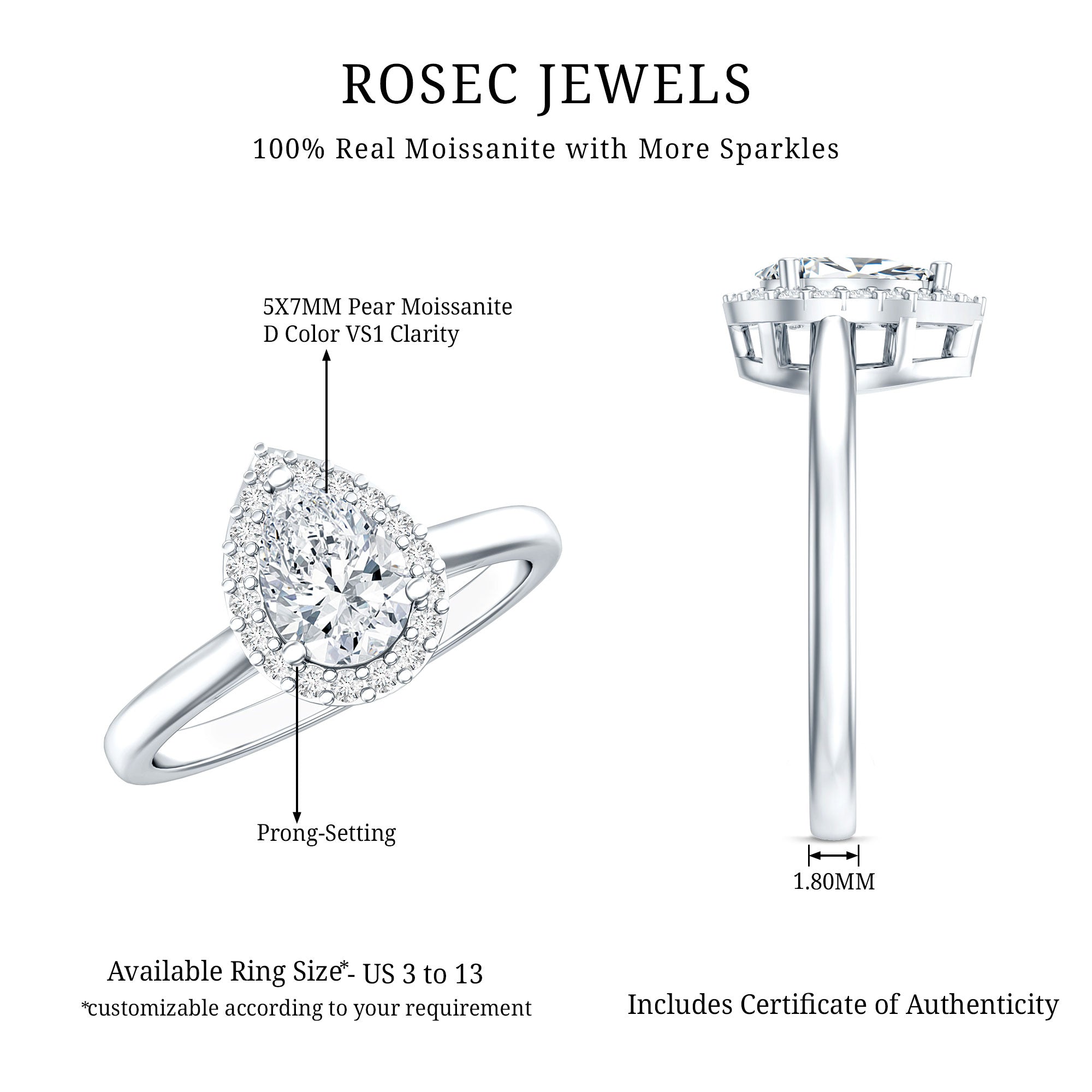 1 CT Brilliant Cut Moissanite Teardrop Engagement Ring D-VS1 - Rosec Jewels