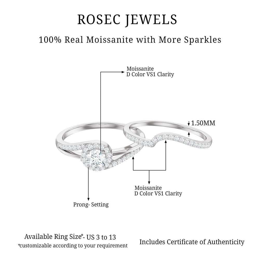 Round Moissanite Bypass Wedding Ring Set in Gold Moissanite - ( D-VS1 ) - Color and Clarity - Rosec Jewels