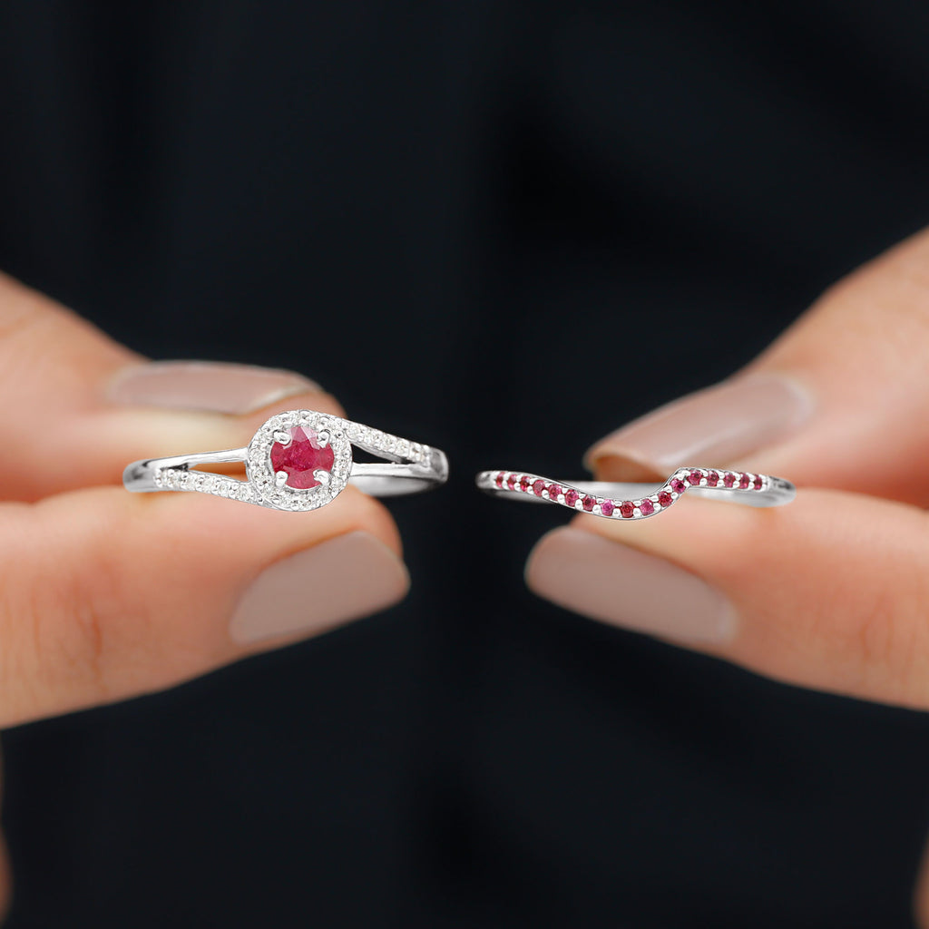 Minimal Bypass Wedding Ring Set with Ruby and Diamond Ruby - ( AAA ) - Quality - Rosec Jewels