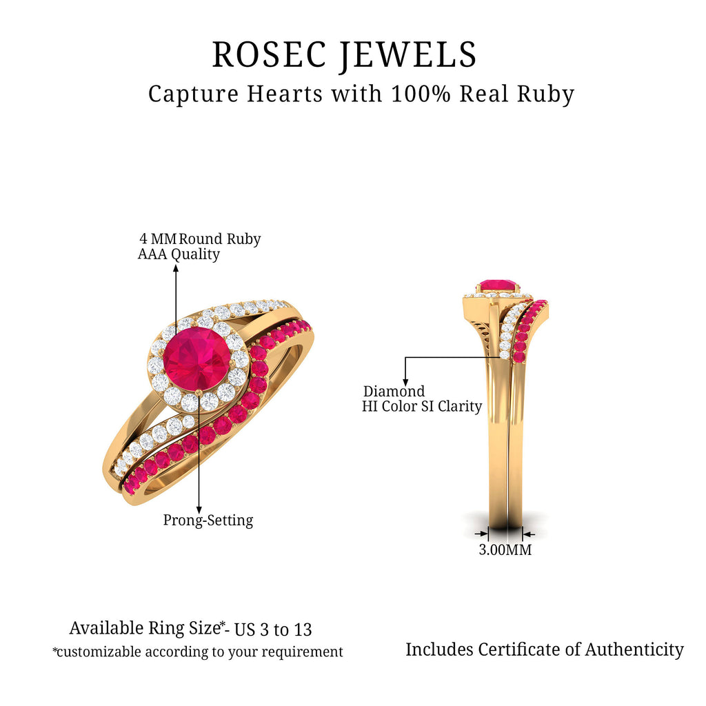 Minimal Bypass Wedding Ring Set with Ruby and Diamond Ruby - ( AAA ) - Quality - Rosec Jewels
