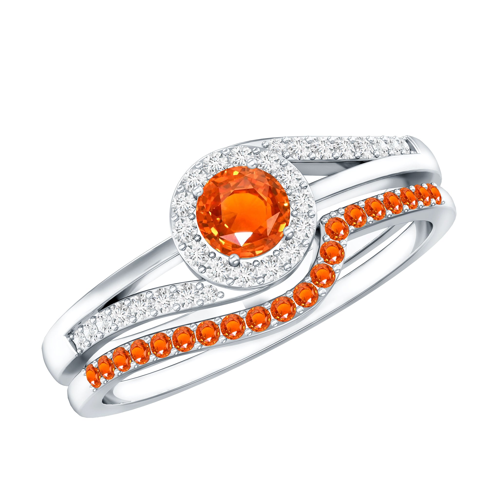 Certified Lab Grown Orange Sapphire Engagement Ring with Diamond Wedding Band AAAA - Rosec Jewels