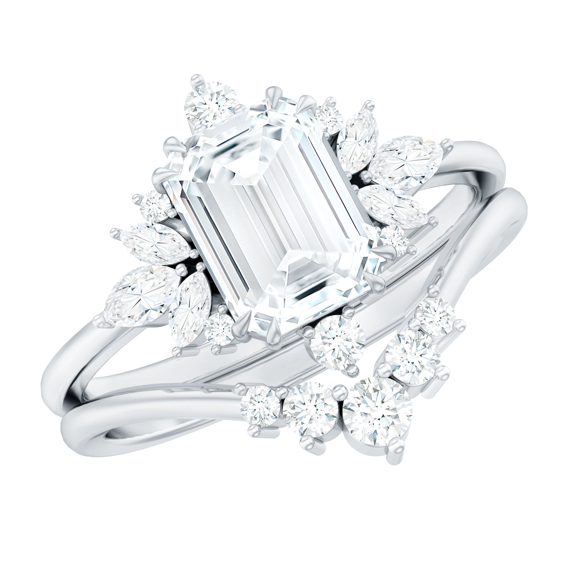 Rosec Jewels-Designer Emerald Cut Moissanite Wedding Ring Set for Women