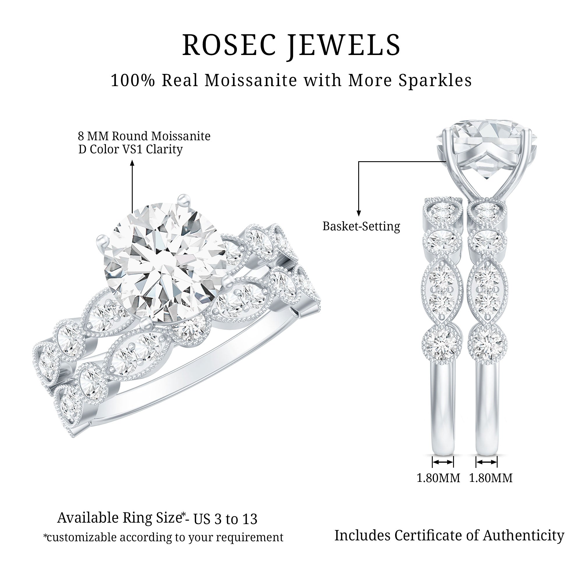 2.50 CT Brilliant Cut Moissanite Bridal Ring Set D-VS1 - Rosec Jewels