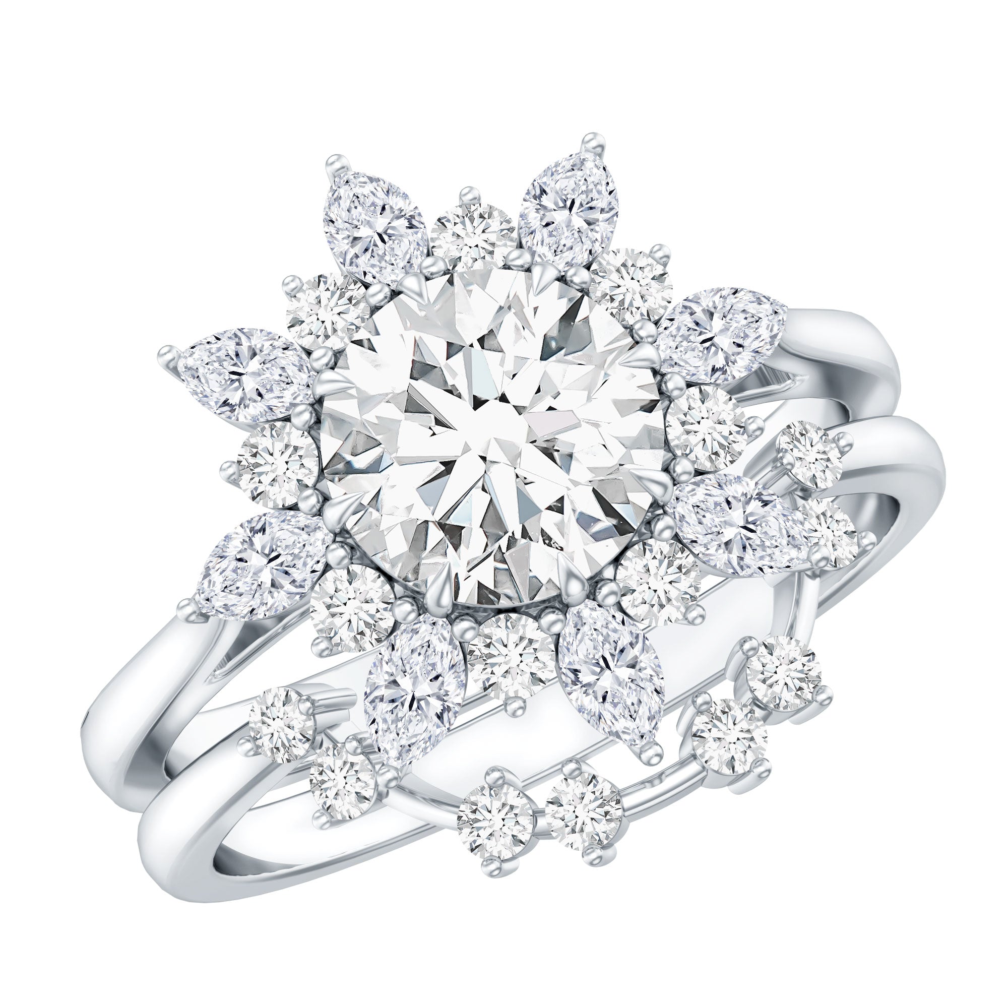 Flower Inspired Moissanite Halo Engagement Ring with Enhancer D-VS1 - Rosec Jewels