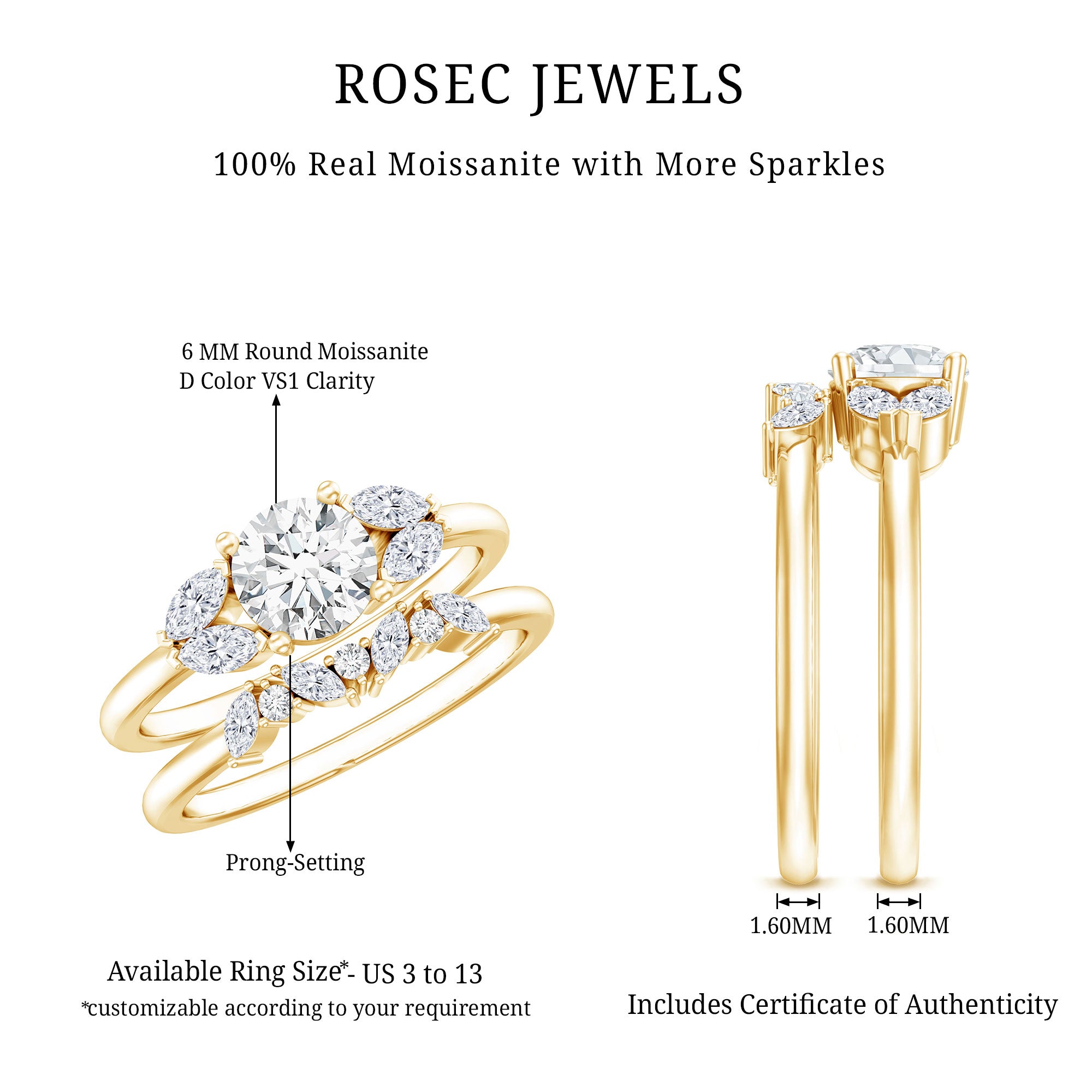 Round Cut Moissanite Bridal Ring Set with Certificate D-VS1 - Rosec Jewels