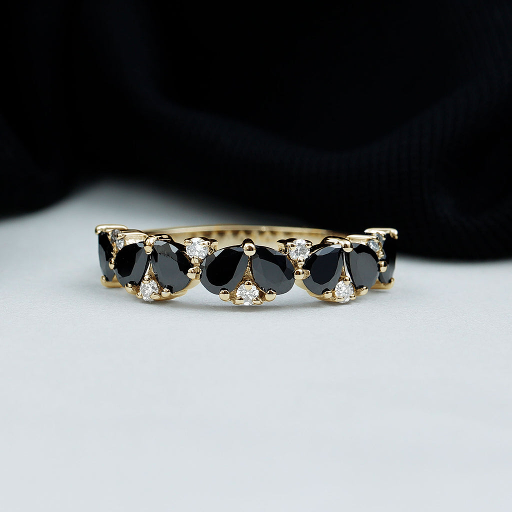 Pear Cut Black Onyx and Diamond Anniversary Band Ring in Gold Black Onyx - ( AAA ) - Quality - Rosec Jewels