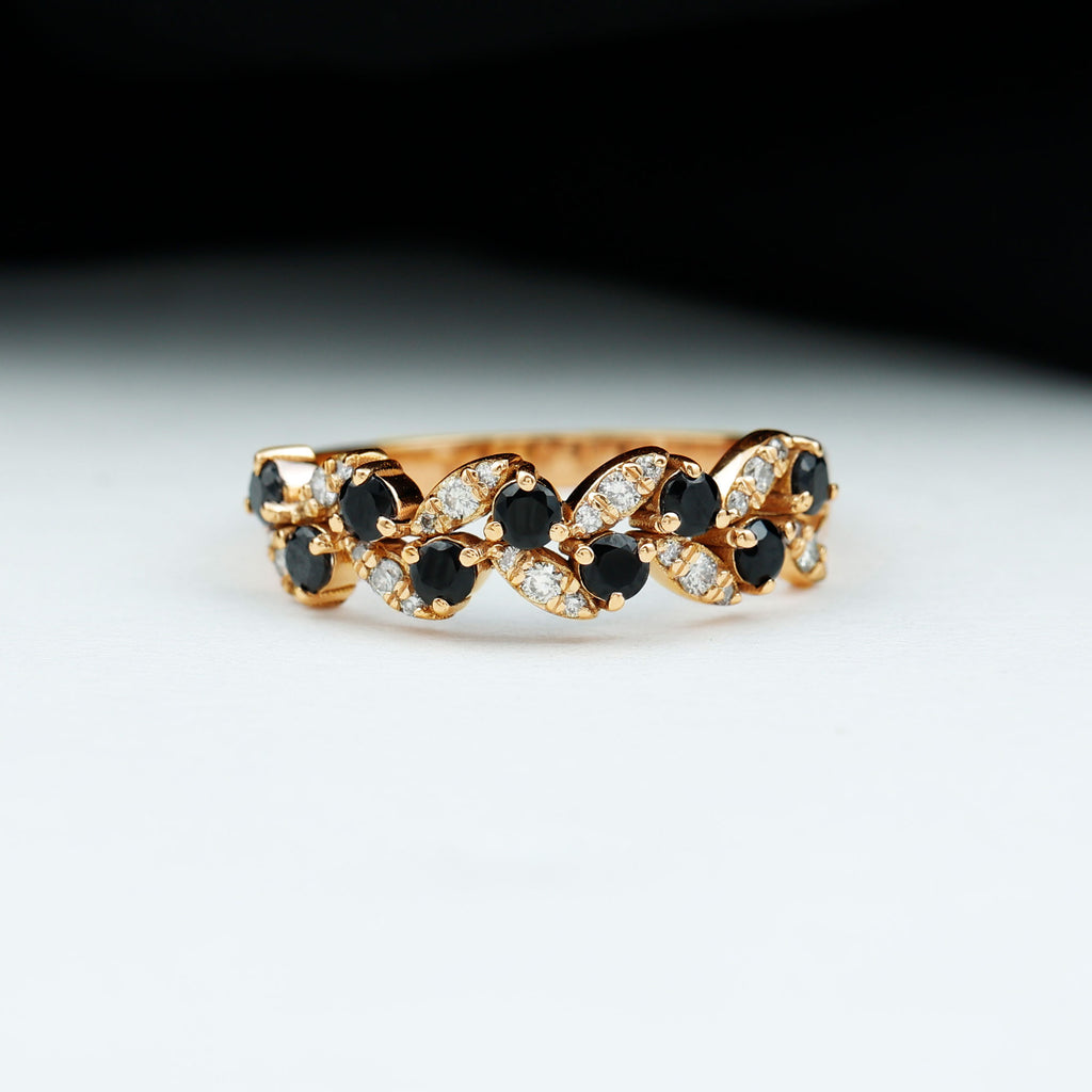 Rosec Jewels - Nature Inspired Black Onyx and Diamond Leaf Eternity Ring