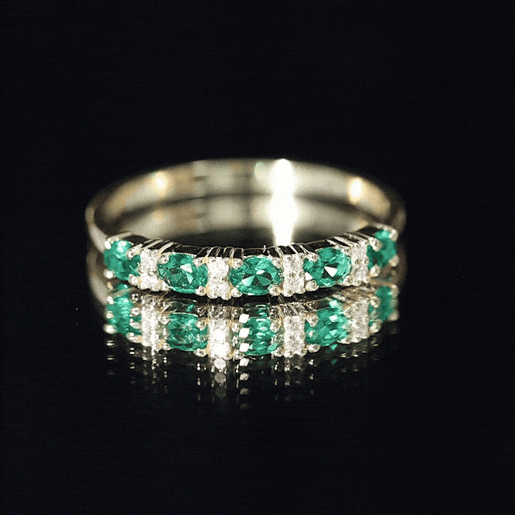 Certified Oval Lab Grown Emerald Half Eternity Ring with Diamond AAAA - Rosec Jewels