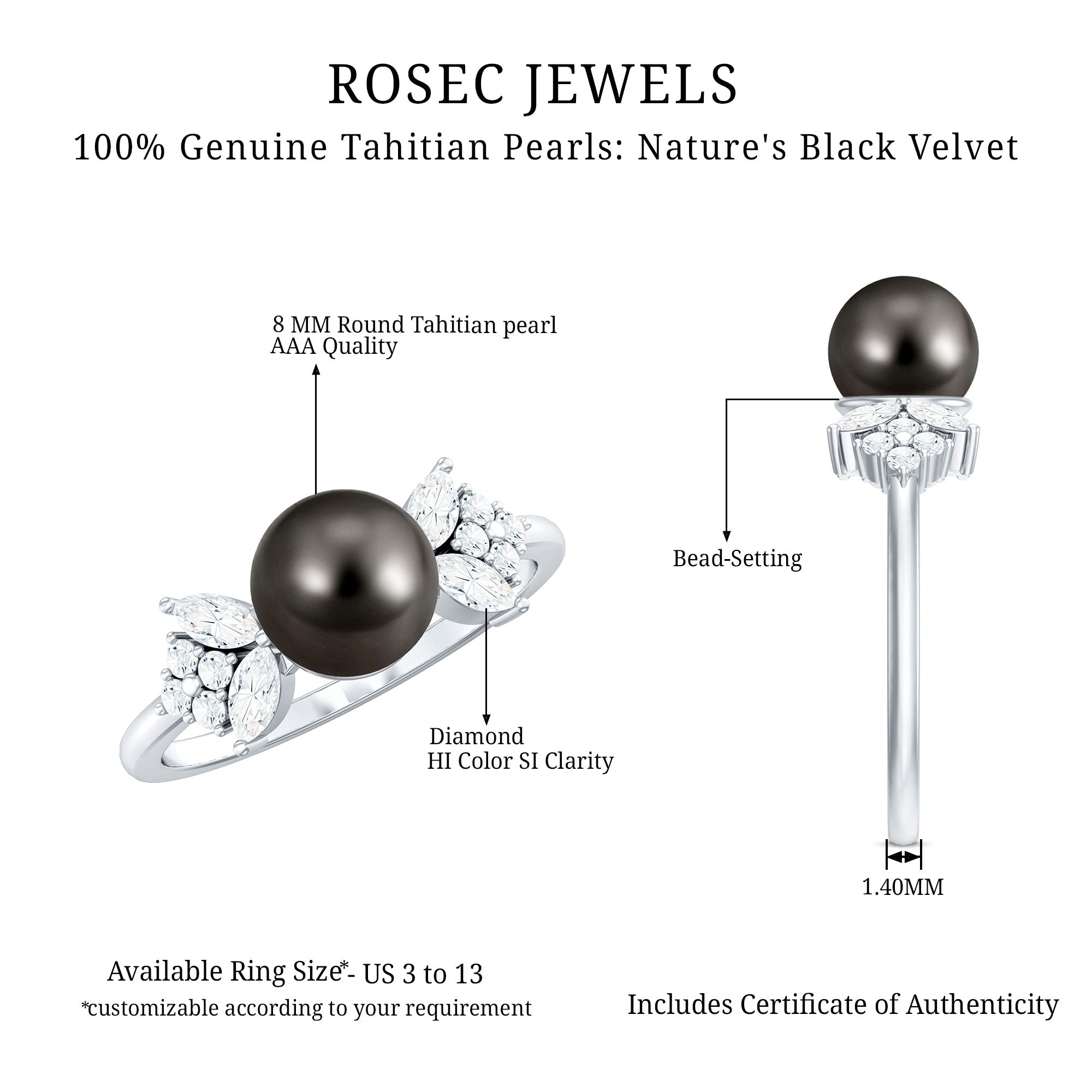 Rosec Jewels-Nature Inspired Tahitian Pearl Engagement Ring with Diamond