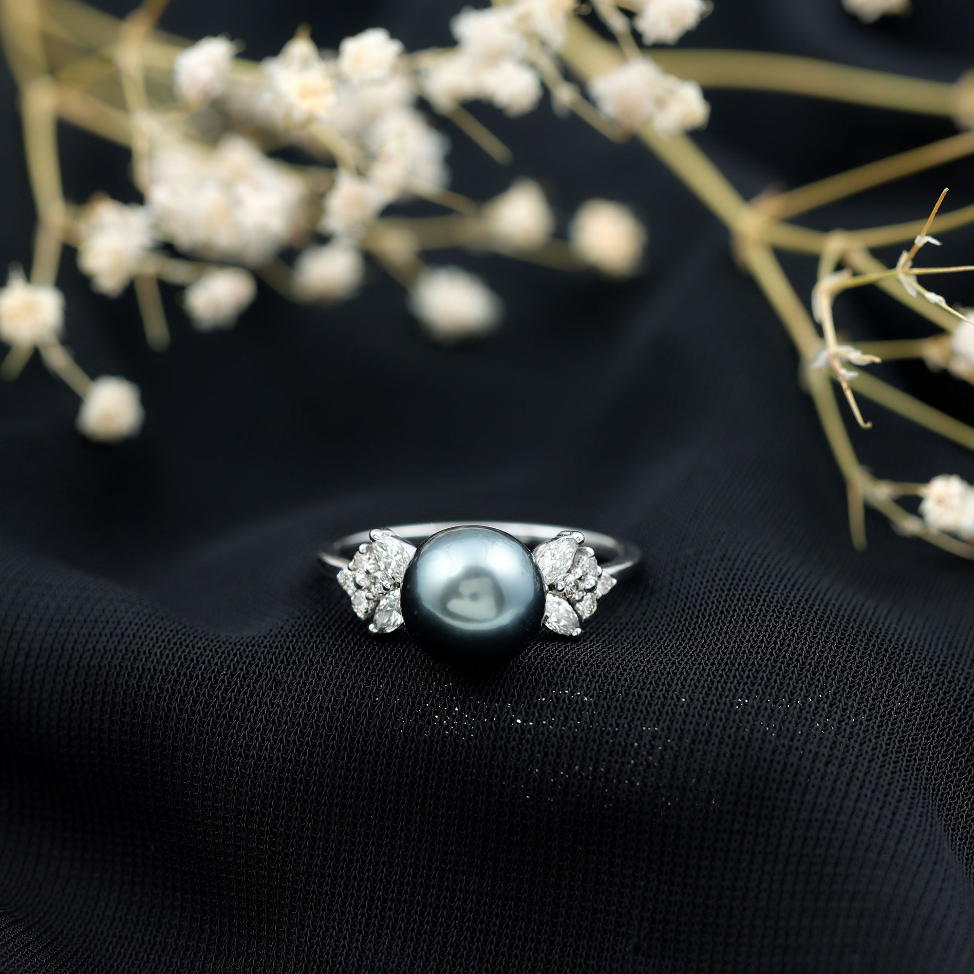 Rosec Jewels-Nature Inspired Tahitian Pearl Engagement Ring with Diamond