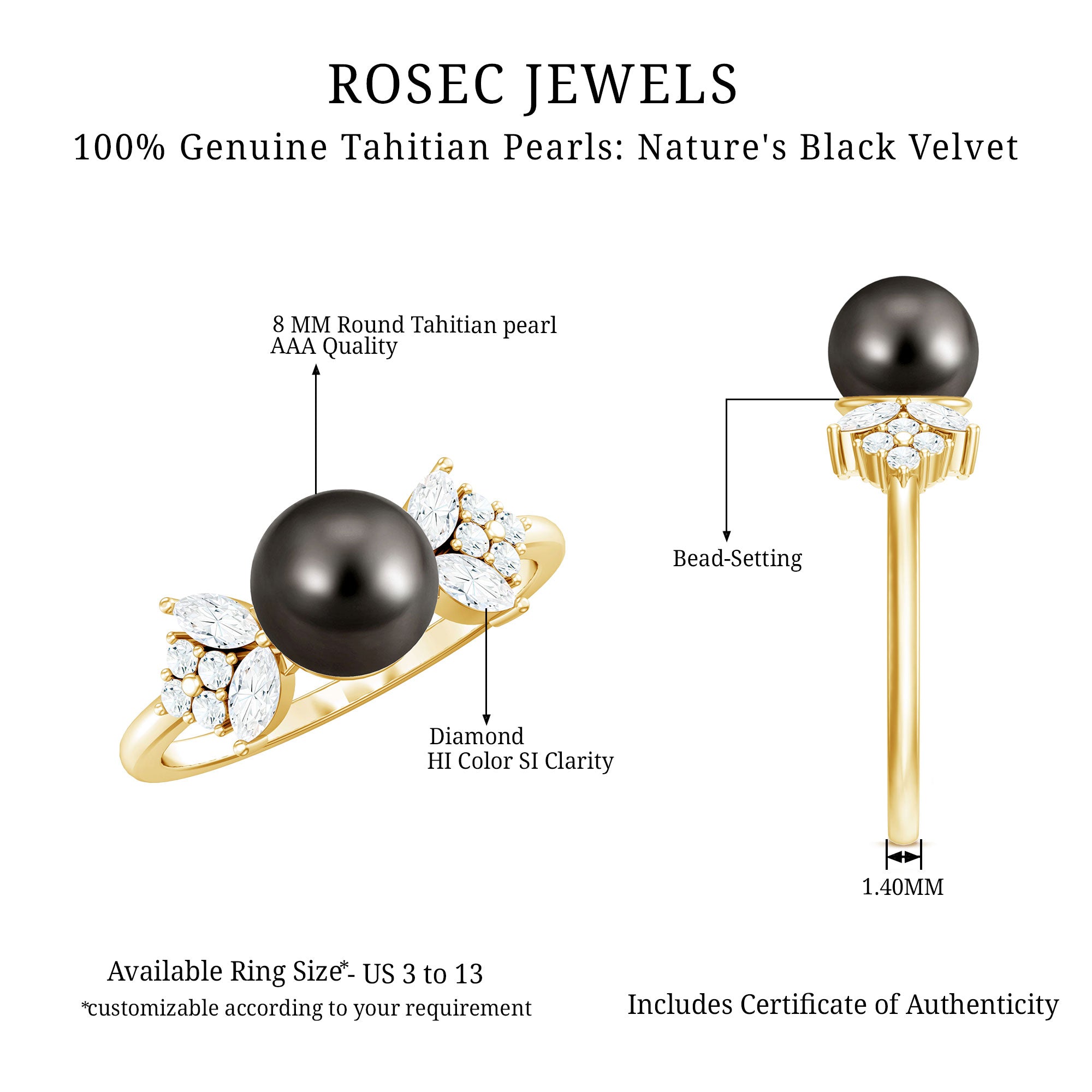Rosec Jewels-Nature Inspired Tahitian Pearl Engagement Ring with Diamond