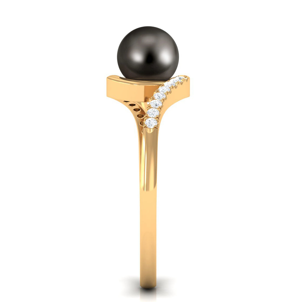 Solitaire Tahitian Pearl Bypass Engagement Ring with Diamond Tahitian pearl - ( AAA ) - Quality - Rosec Jewels