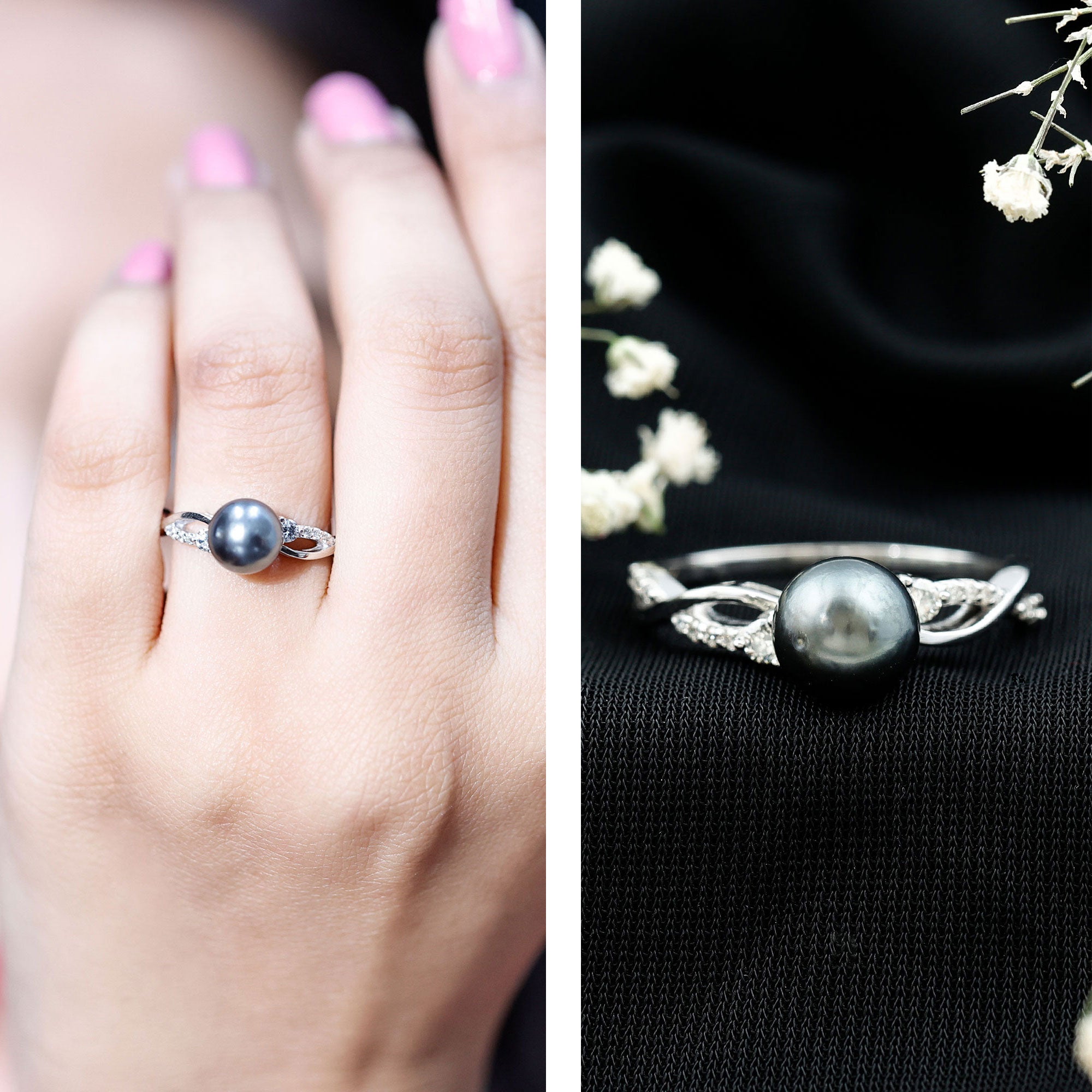 Tahitian Pearl and Diamond Crossover Engagement Ring AAA - Rosec Jewels