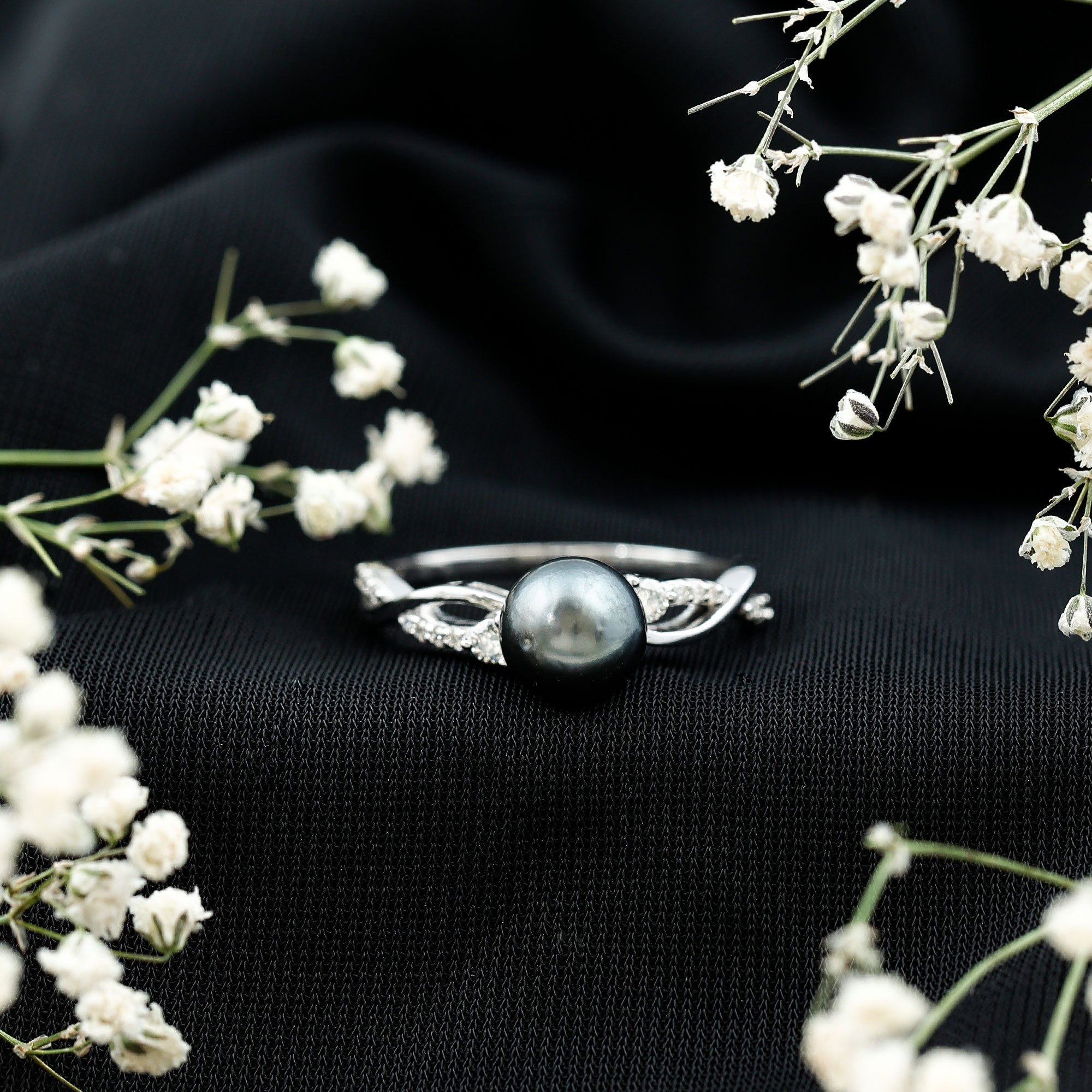 Tahitian Pearl and Diamond Crossover Engagement Ring AAA - Rosec Jewels