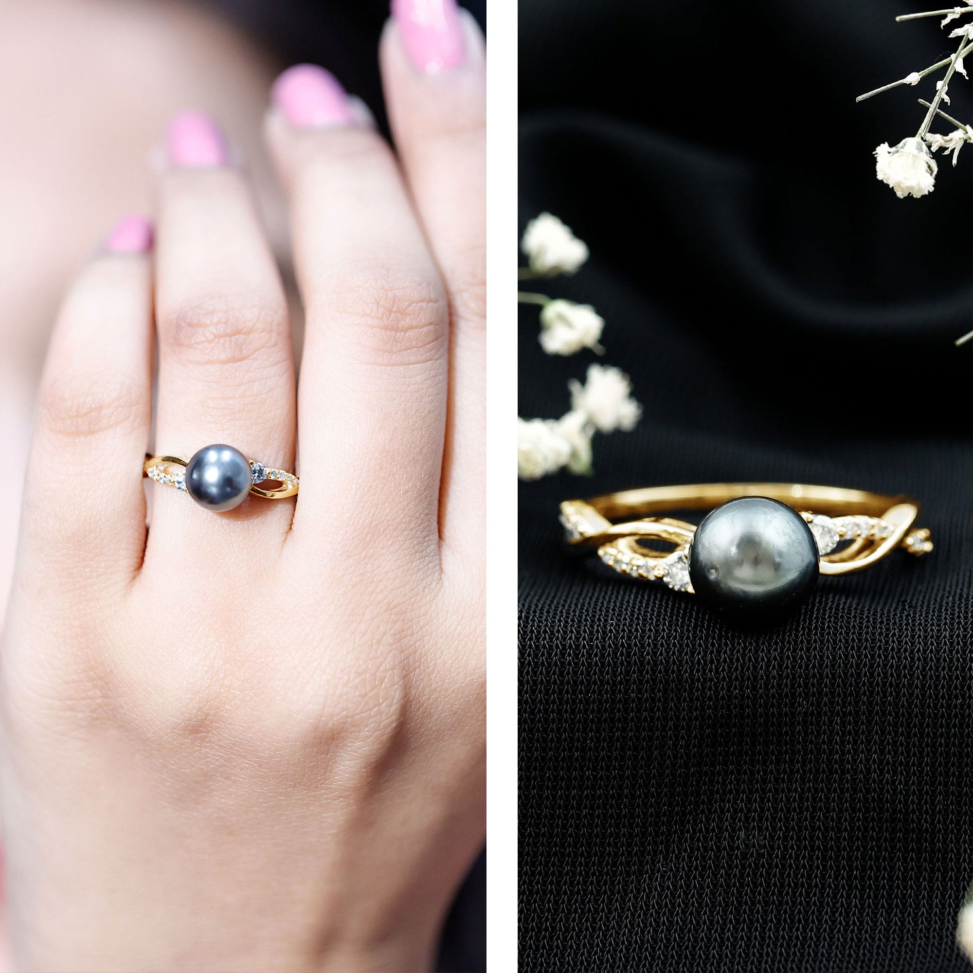 Tahitian Pearl and Diamond Crossover Engagement Ring AAA - Rosec Jewels