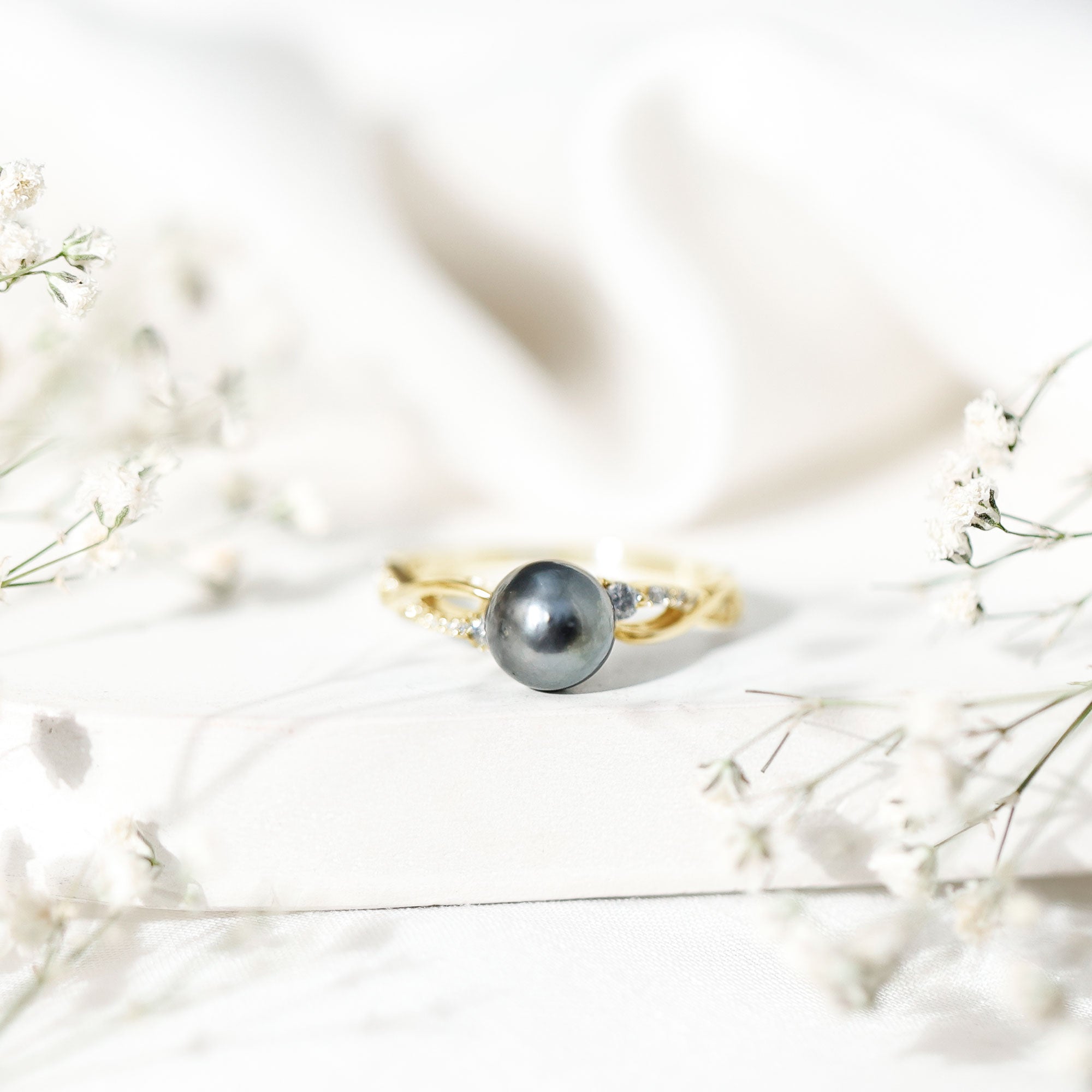 Tahitian Pearl and Diamond Crossover Engagement Ring AAA - Rosec Jewels