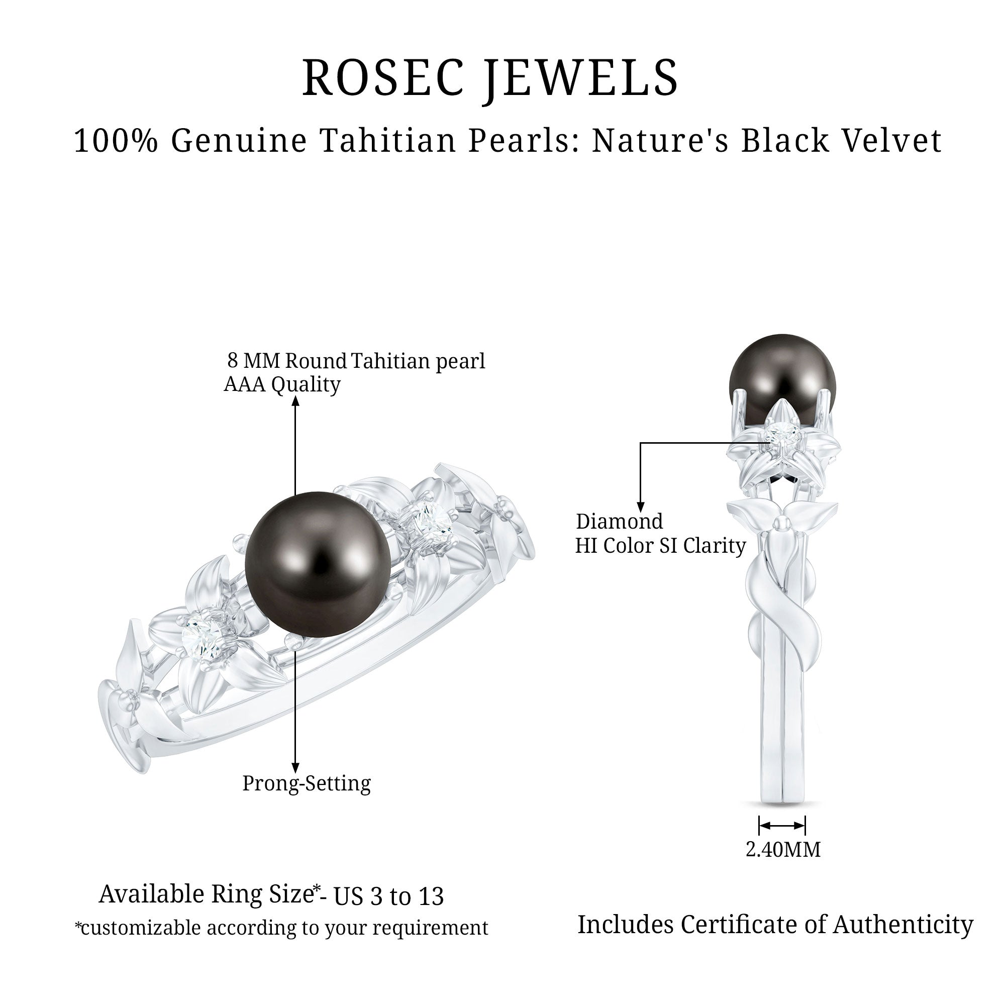 Rosec Jewels-Genuine 8 Carat Tahitian Black Pearl Flower Engagement Ring with Diamond