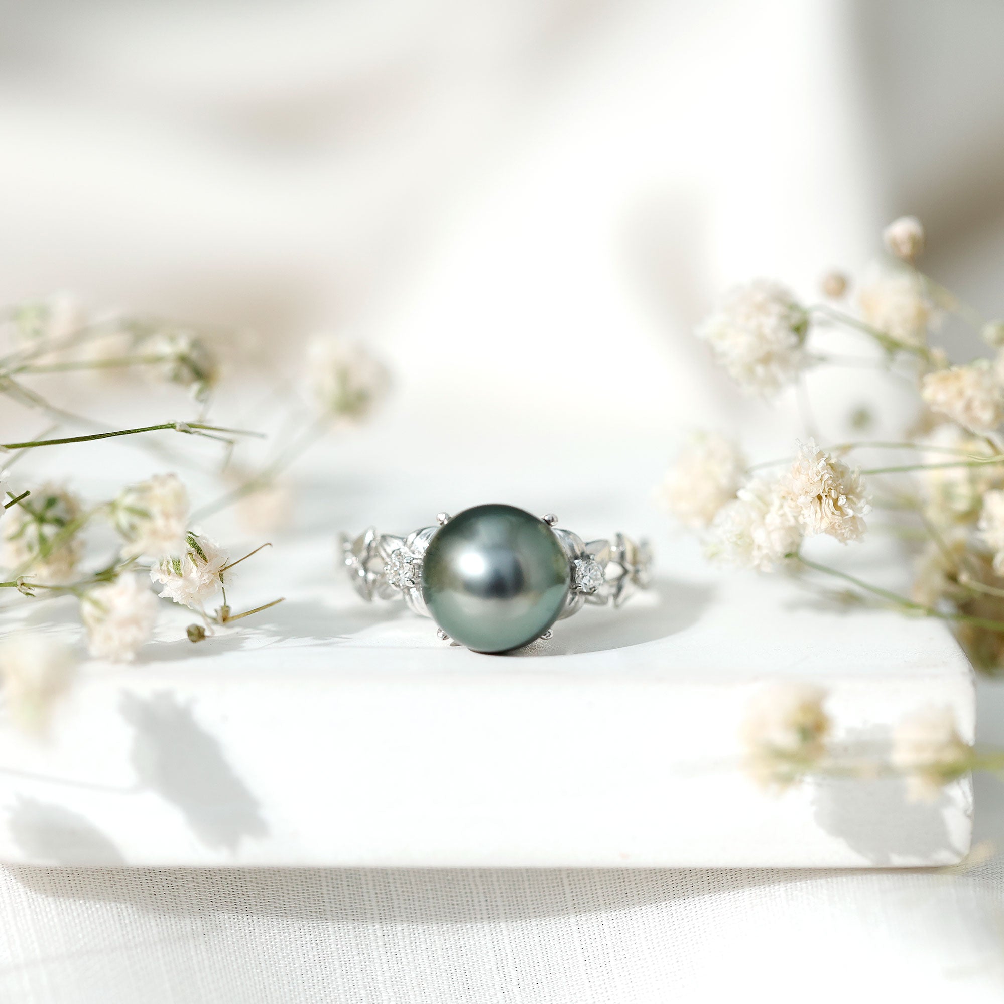 Rosec Jewels-Genuine 8 Carat Tahitian Black Pearl Flower Engagement Ring with Diamond