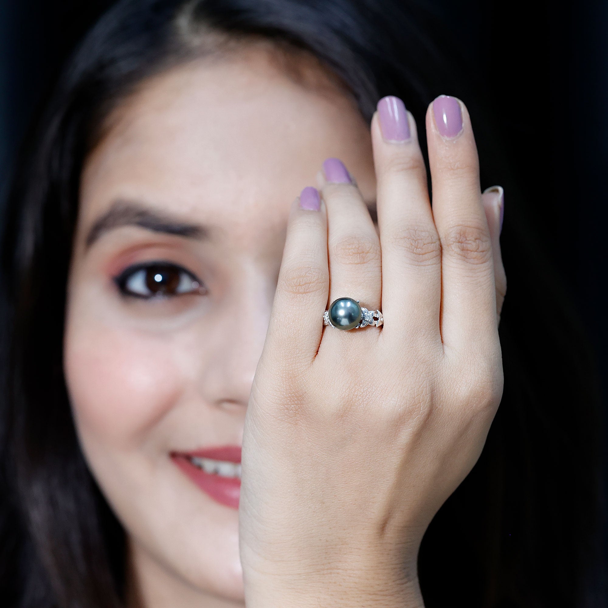 Rosec Jewels-Genuine 8 Carat Tahitian Black Pearl Flower Engagement Ring with Diamond