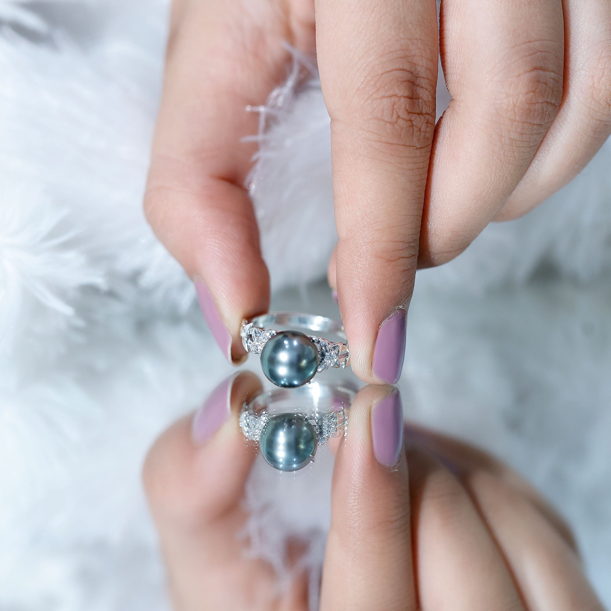 Rosec Jewels-Genuine 8 Carat Tahitian Black Pearl Flower Engagement Ring with Diamond
