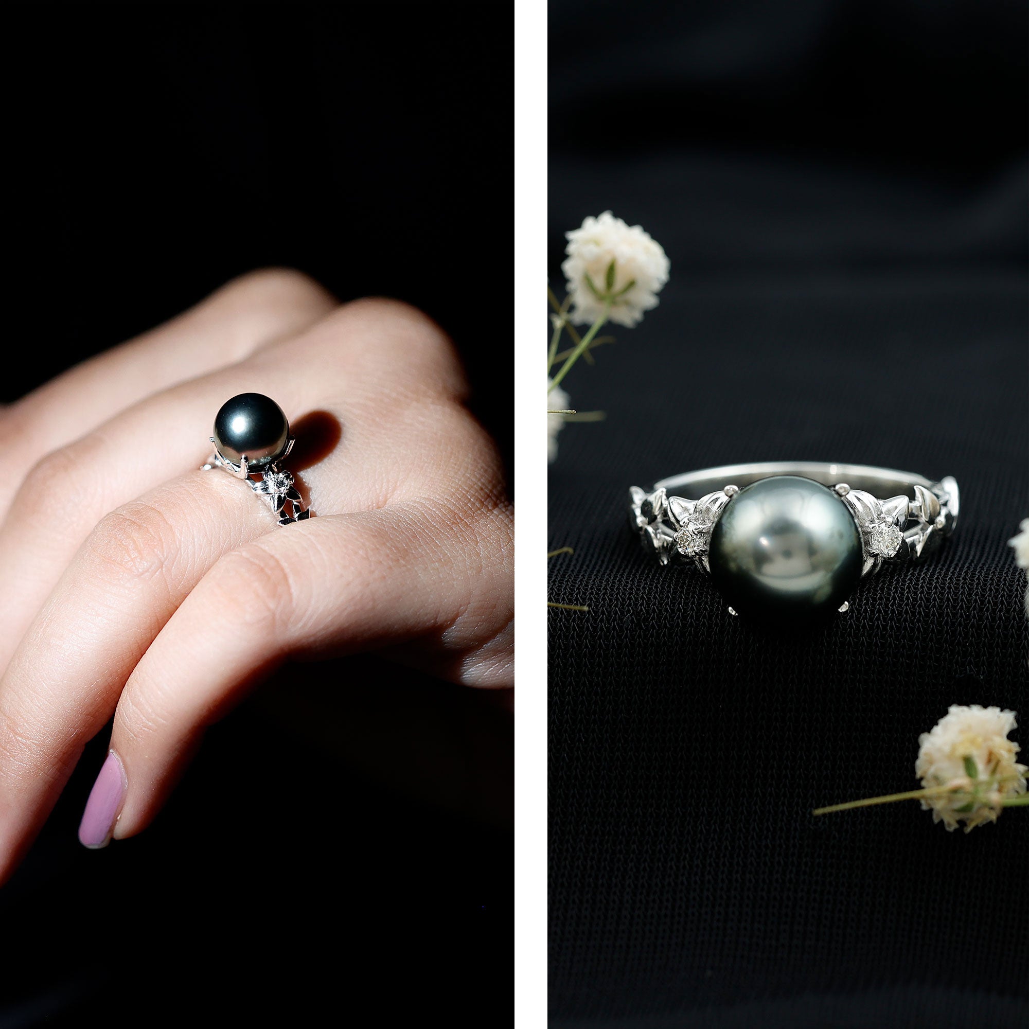 Rosec Jewels-Genuine 8 Carat Tahitian Black Pearl Flower Engagement Ring with Diamond