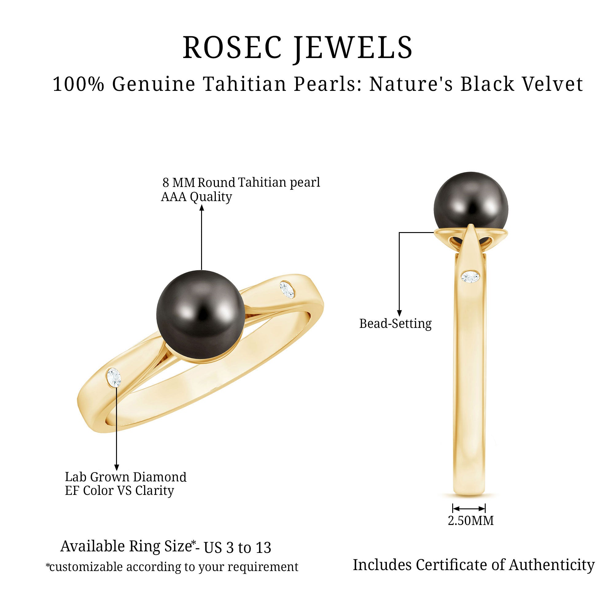Rosec Jewels-Solitaire Black Tahitian Pearl Engagement Ring with Certificate